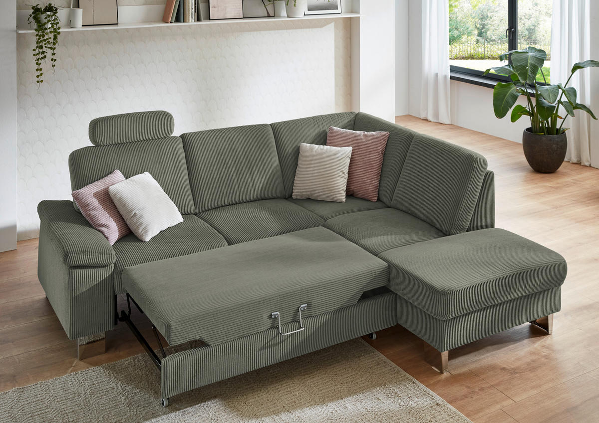 ECKSOFA in Cord Olivgrün  - Edelstahlfarben/Olivgrün, Konventionell, Textil/Metall (248/200cm) - Beldomo System