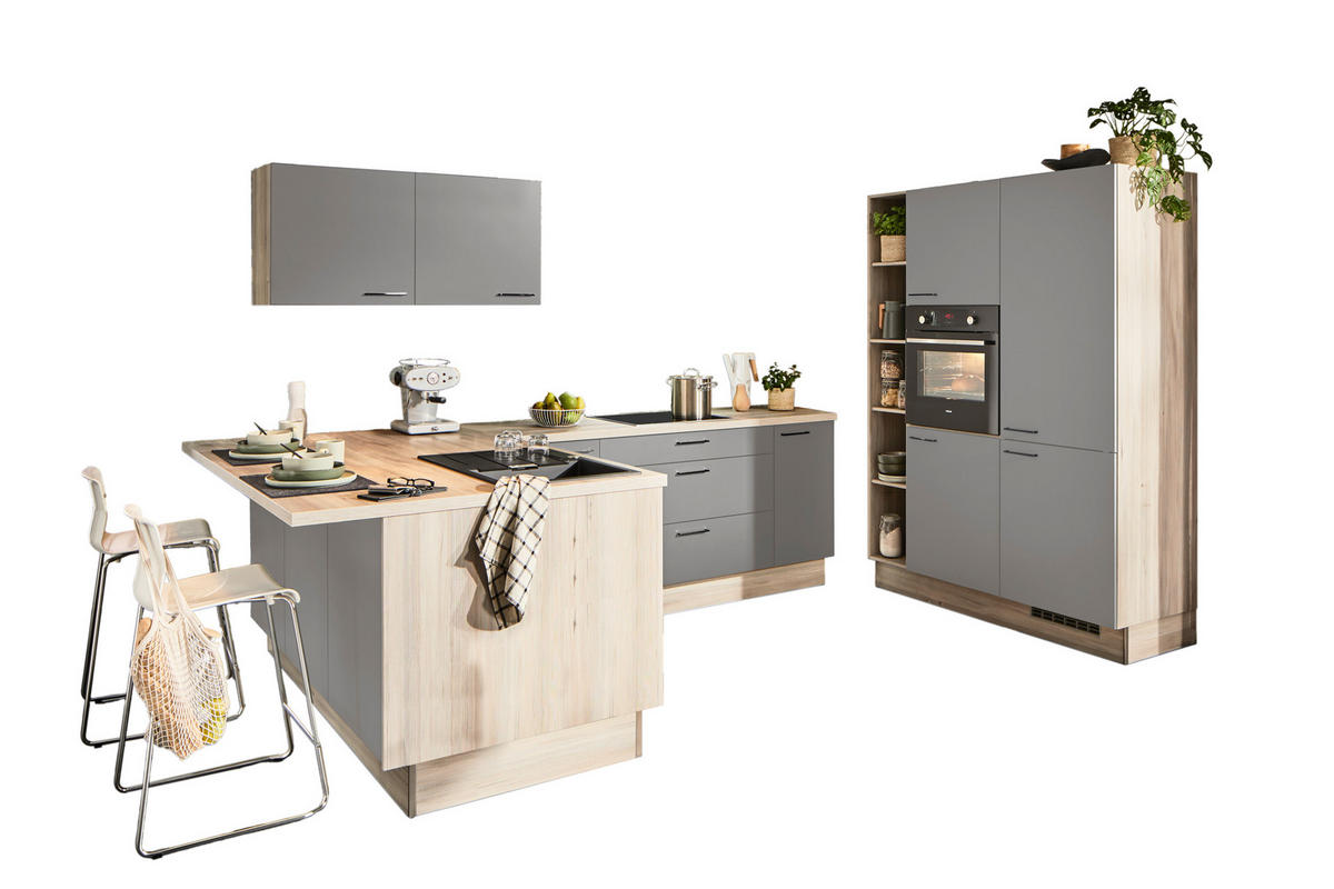ECKKÜCHE  in Grau, Hellbraun  - Hellbraun/Schwarz, Design, Holzwerkstoff/Metall (192/280/150cm) - Xora