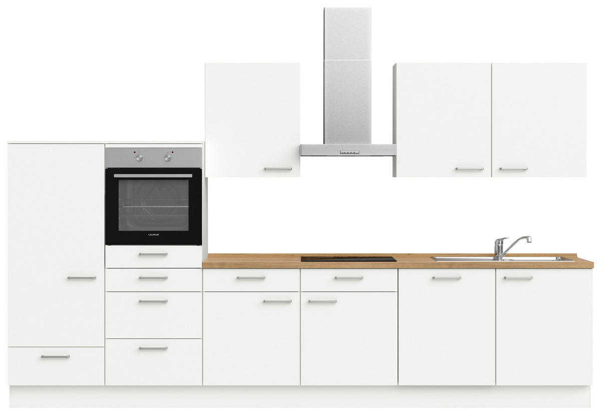 KÜCHENBLOCK 360 cm   in Weiß, Eichefarben  - Edelstahlfarben/Eichefarben, MODERN, Holzwerkstoff/Metall (360cm) - Nobilia