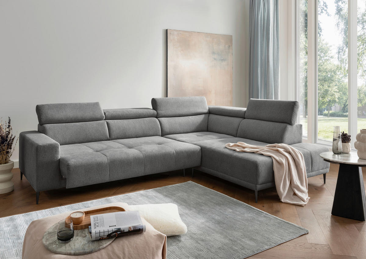 ECKSOFA INTERA Dunkelgrau Struktur Kopfteilverstellung, Sitzvorzug  - Dunkelgrau/Schwarz, KONVENTIONELL, Textil/Metall (305/225cm) - Livetastic
