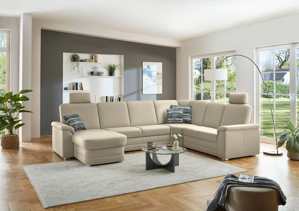 WOHNLANDSCHAFT  in Chenille Sandfarben  - Sandfarben/Alufarben, KONVENTIONELL, Holz/Textil (160/329/235cm) - Beldomo Comfort
