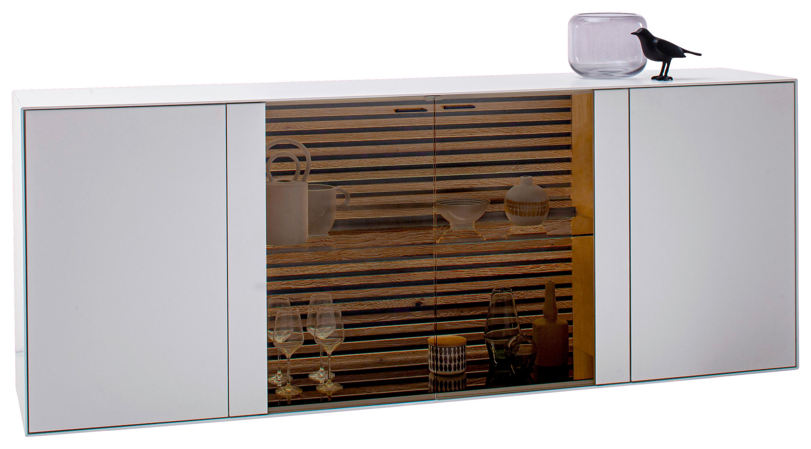 SIDEBOARD YONNA Weiss, Eichefarben  203/80/44 cm  - Weiss/Eichefarben, Design, Glas/Holz (203/80/44cm) - Schöner Wohnen