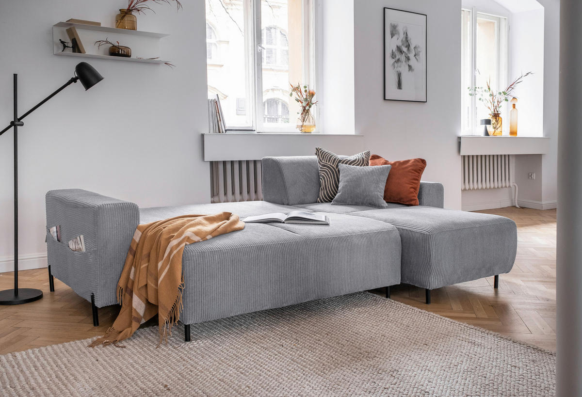 ECKSOFA in Cord Hellgrau  - Hellgrau/Schwarz, Textil/Metall (260/165cm) - MID.YOU