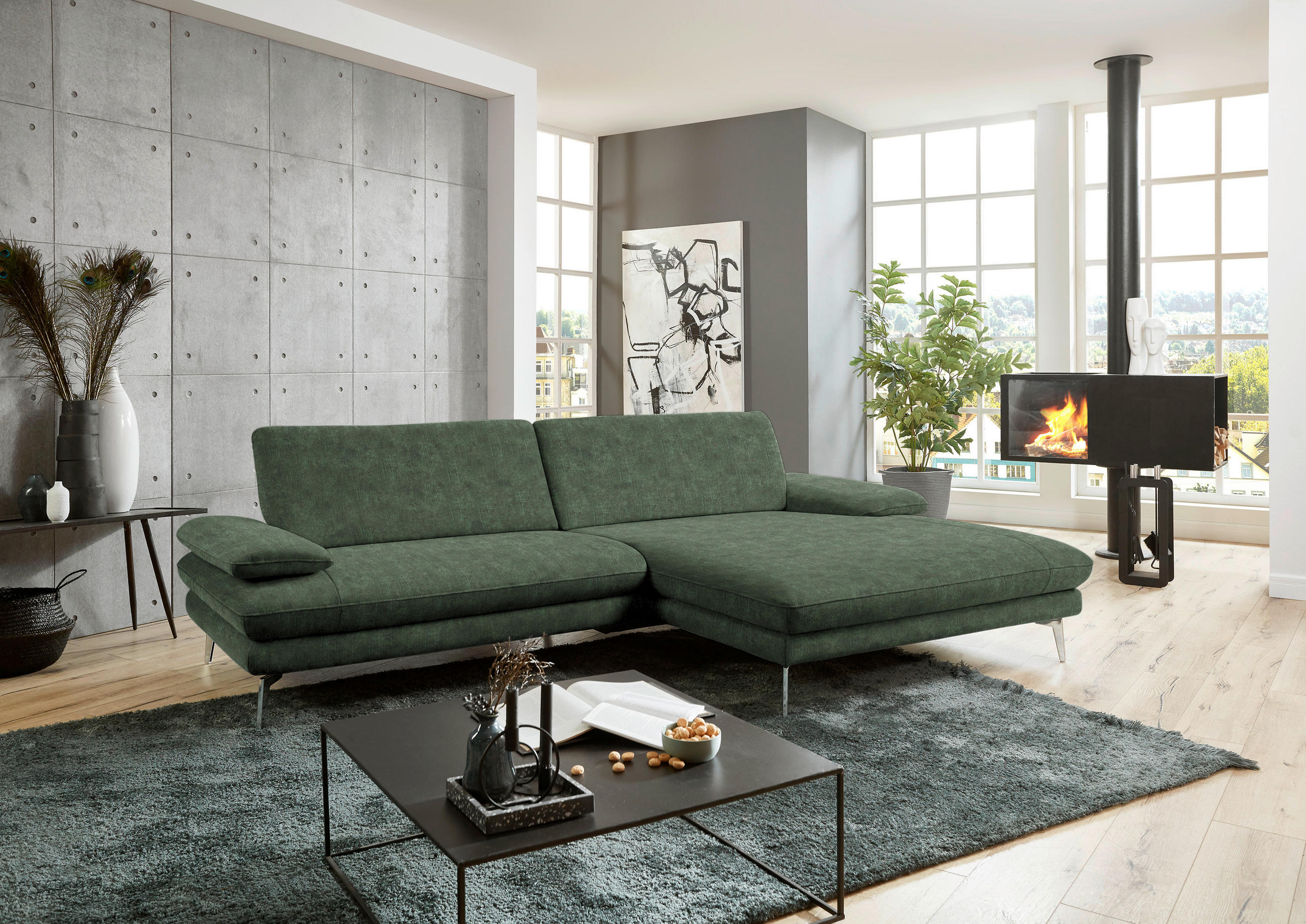 ECKSOFA in Velours Olivgrün  - Schwarz/Olivgrün, Design, Textil/Metall (284/184cm) - Dieter Knoll