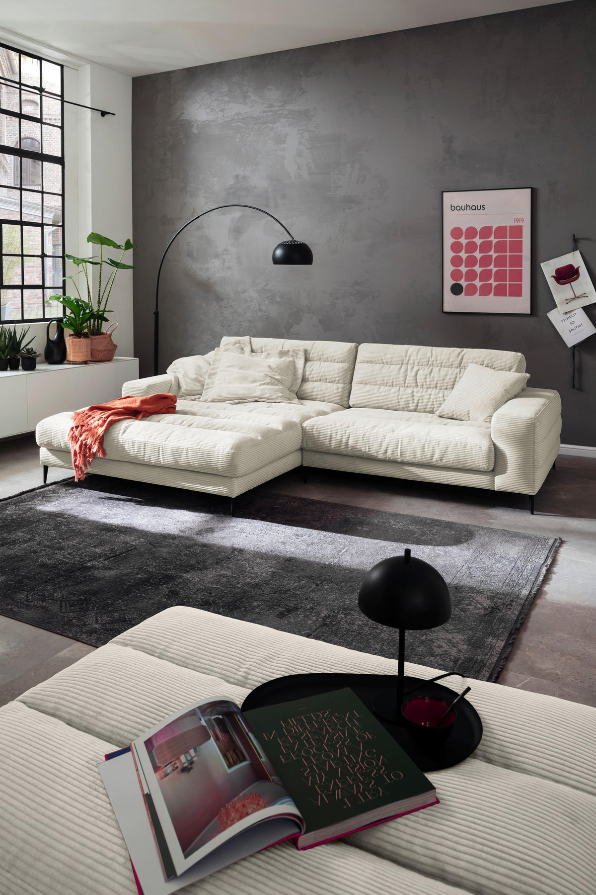 SEDEŽNA GARNITURA, rebrasti žamet bela  - črna/bela, Design, kovina/tekstil (207/296cm) - Pure Home Lifestyle