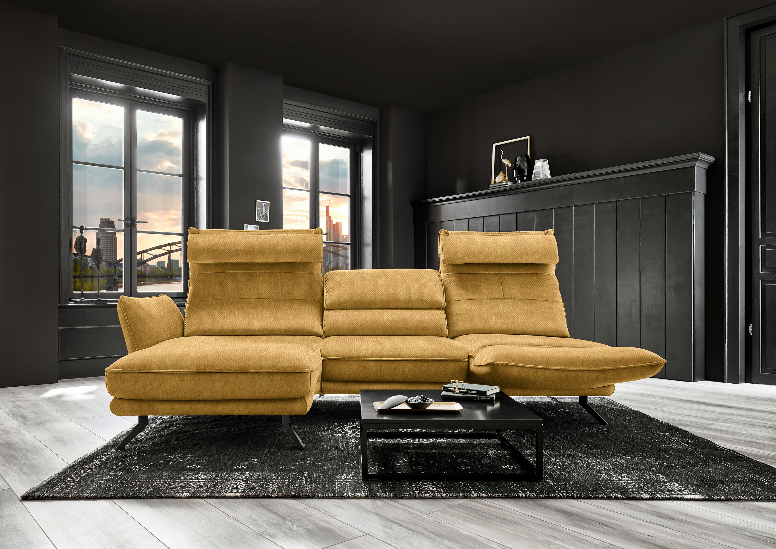 ECKSOFA in Velours Currygelb  - Currygelb/Schwarz, Design, Textil/Metall (153/283cm) - Valdera