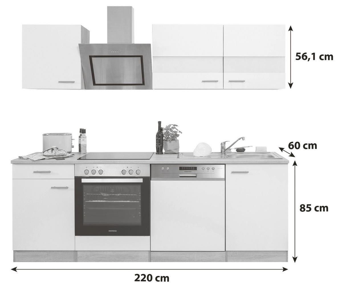 KUHINJSKI BLOK - barve nerjavečega jekla/siva, Basics, kovina/leseni material (220cm) - Respekta
