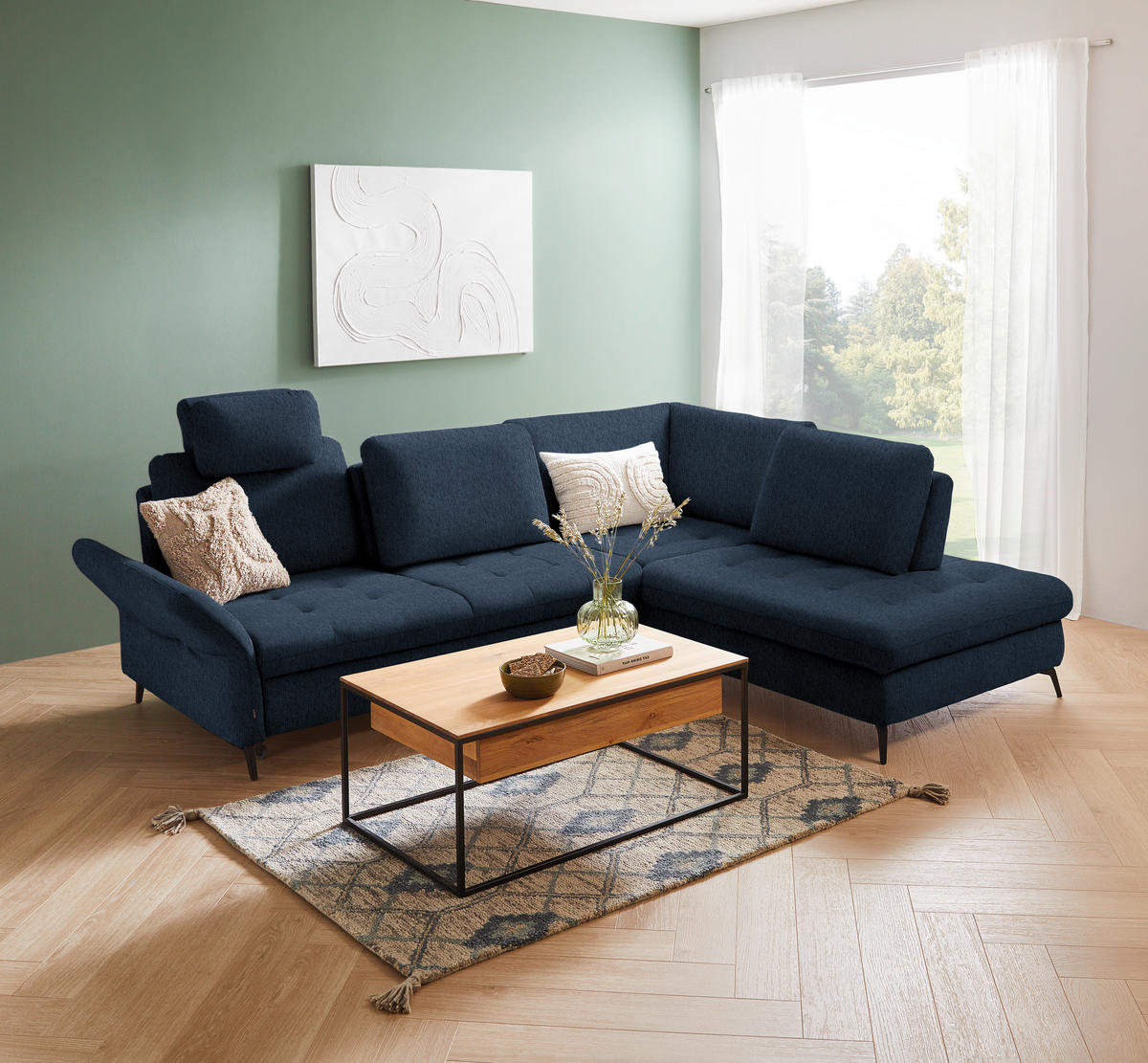 ECKSOFA Blau Chenille  - Blau/Schwarz, Natur, Textil/Metall (288/233cm) - Valnatura