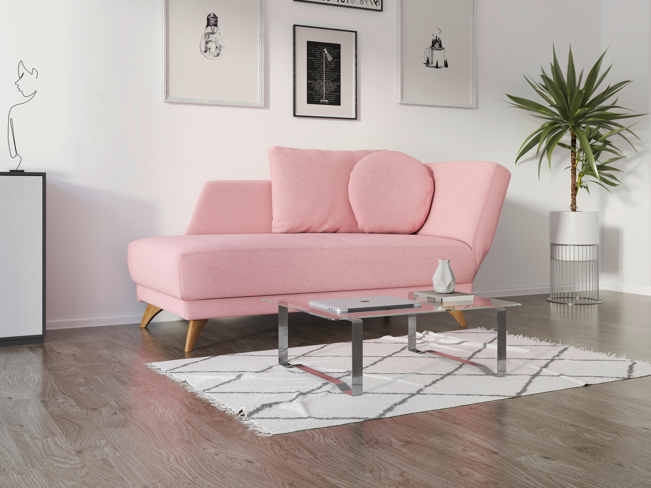 RÉCAMIERE in Flachgewebe Rosa - Eichefarben/Rosa, Modern, Holz/Textil (205/74-87/94cm) - Bali