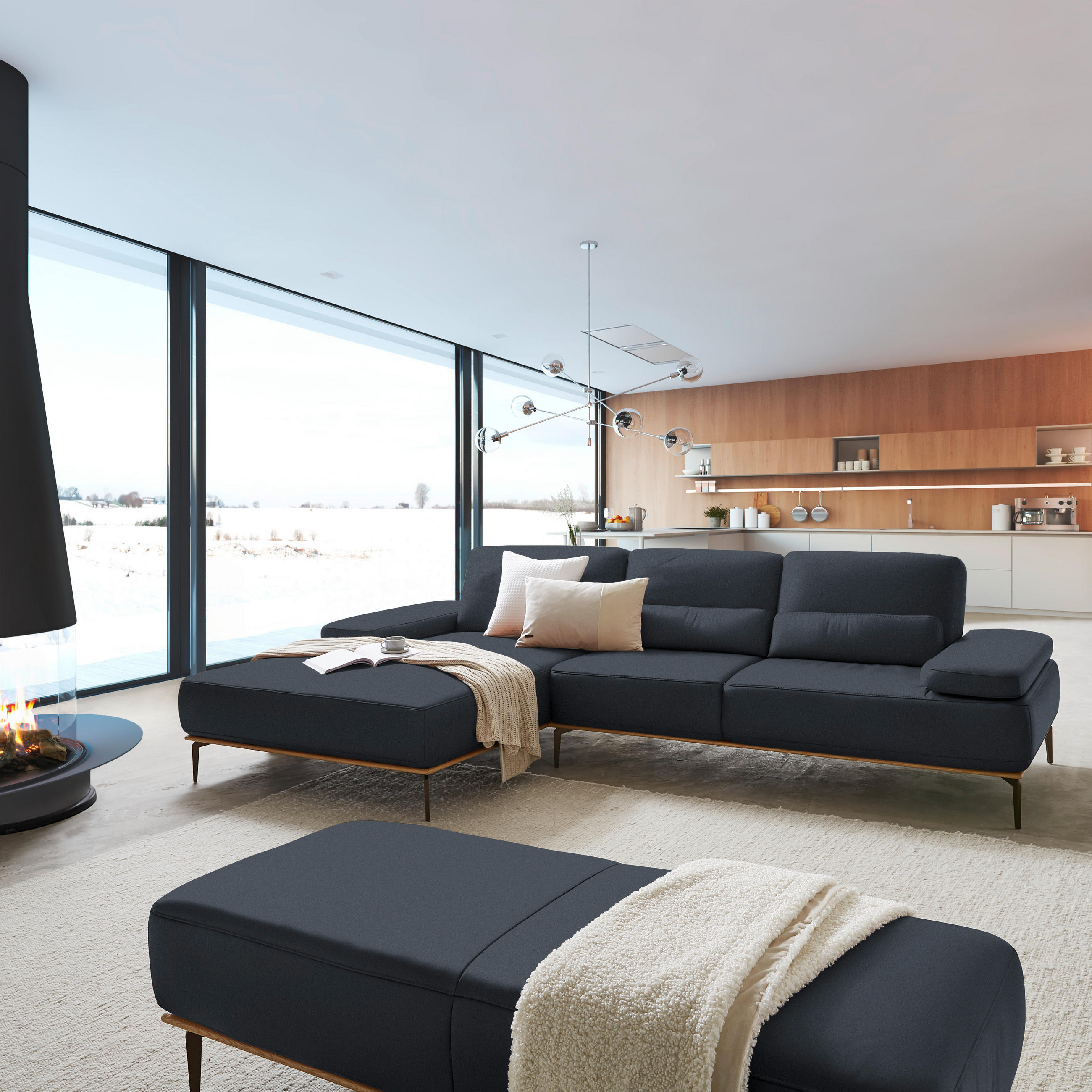 ECKSOFA in Echtleder Dunkelblau  - Bronzefarben/Dunkelblau, Design, Leder/Holz (176/314cm) - Valnatura