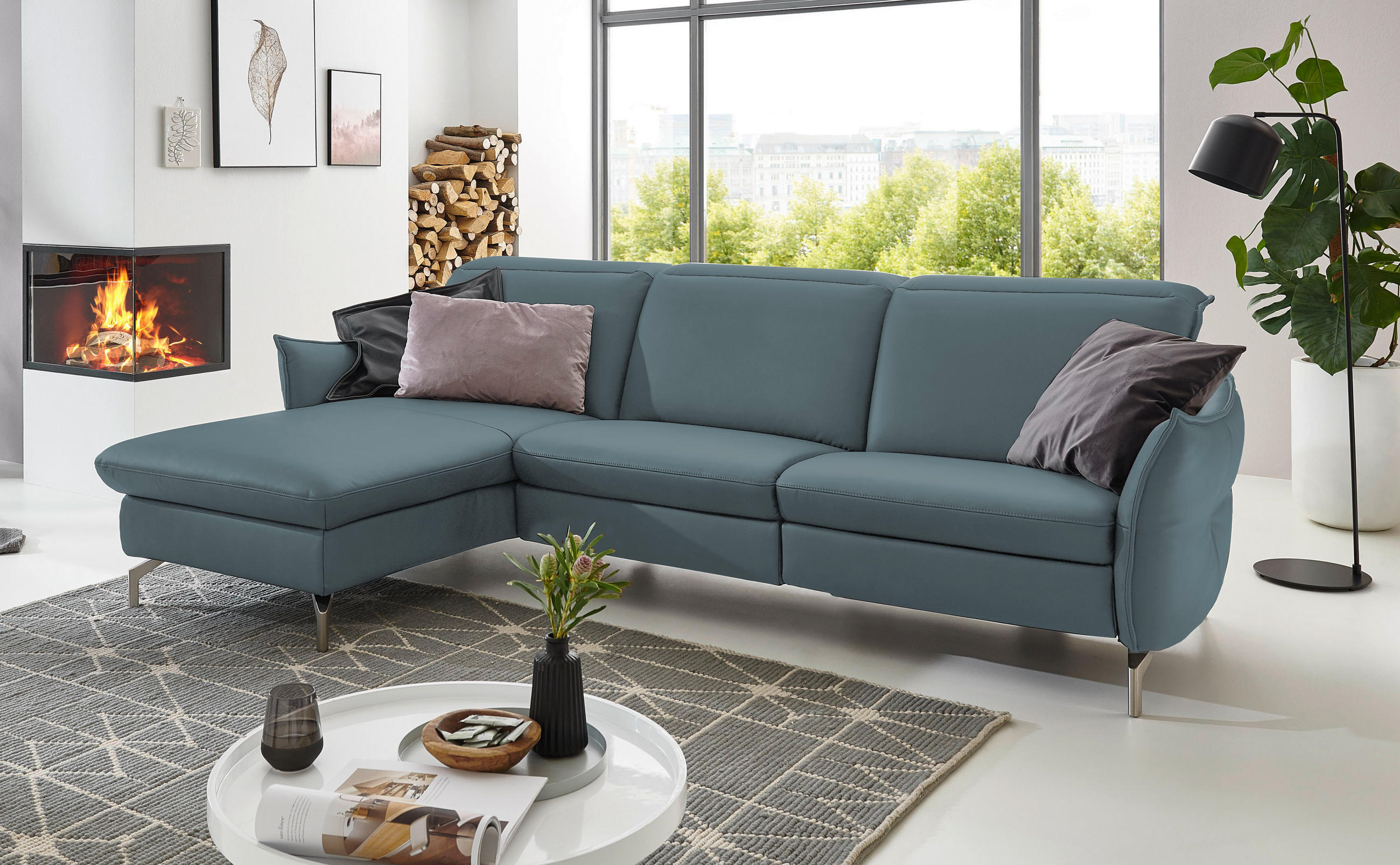 ECKSOFA Blau, Grau Lederlook (vegan)  - Blau/Grau, MODERN, Textil/Metall (179/233cm) - Livetastic
