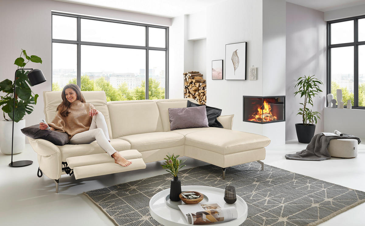 ECKSOFA Ecru Lederlook (vegan)  - Ecru/Nickelfarben, MODERN, Textil/Metall (233/179cm) - Livetastic