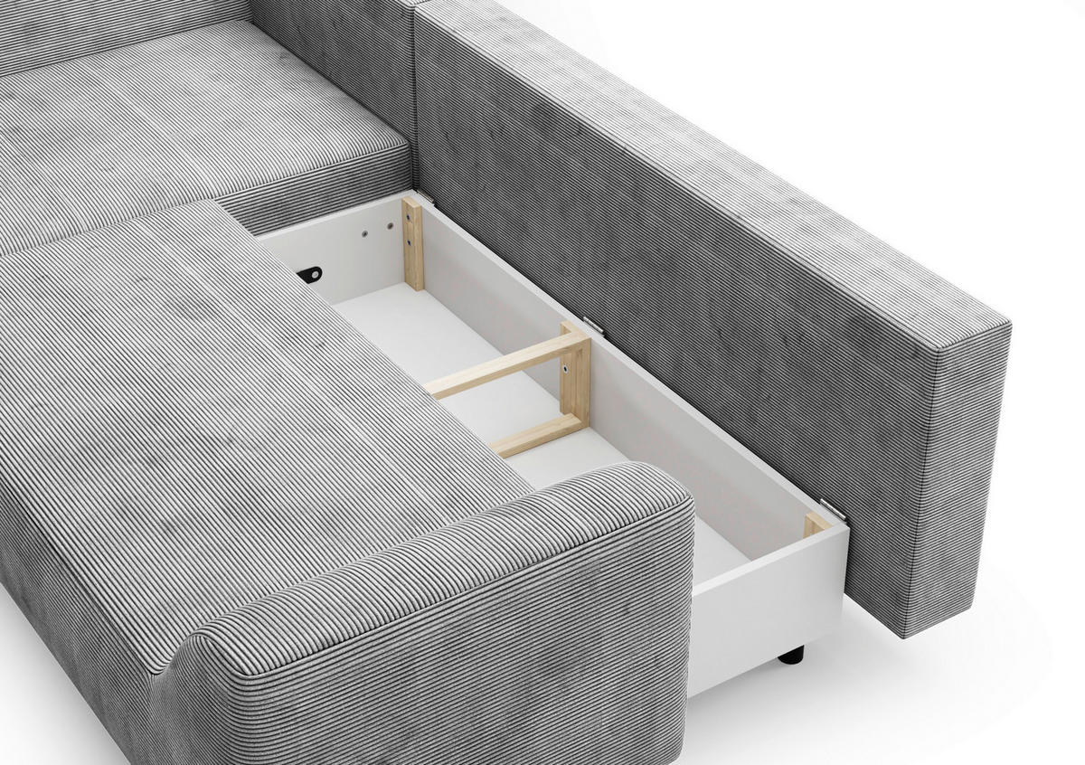 ECKSCHLAFSOFA  mit Bettkasten erhältlich, seitenverkehrt erhältlich, Schlafen auf Sitzhöhe, Bettfunktion erhältlich, Rücken echt Cord Hellgrau  - Hellgrau/Schwarz, Design, Textil/Metall (167/273cm) - MID.YOU