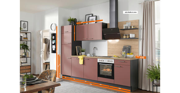 KÜCHENBLOCK 290 cm in Graphitfarben, Rot, Eichefarben - Edelstahlfarben/Eichefarben, Design, Holzwerkstoff/Metall (290cm) - Xora