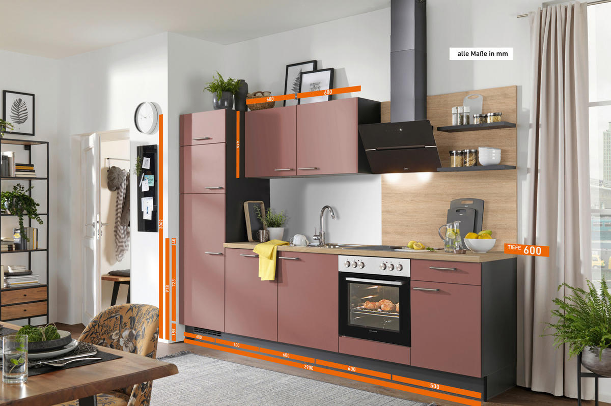 KÜCHENBLOCK 290 cm   in Graphitfarben, Rot, Eichefarben  - Edelstahlfarben/Eichefarben, Design, Holzwerkstoff/Metall (290cm) - Xora