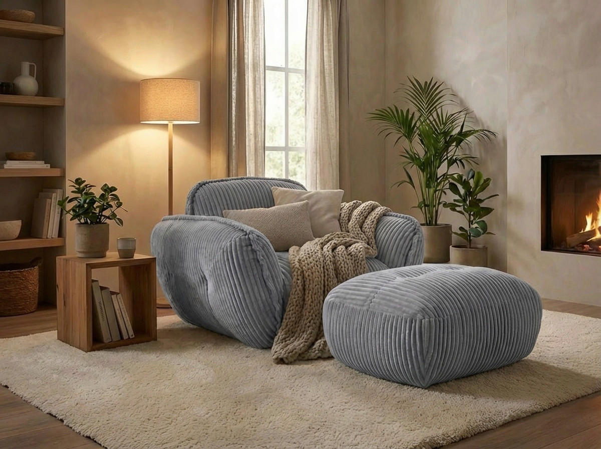 HOCKER BE FLUFFY Cord Grau  - Schwarz/Grau, MODERN, Kunststoff/Textil (92/46/74cm) - Trendmanufaktur