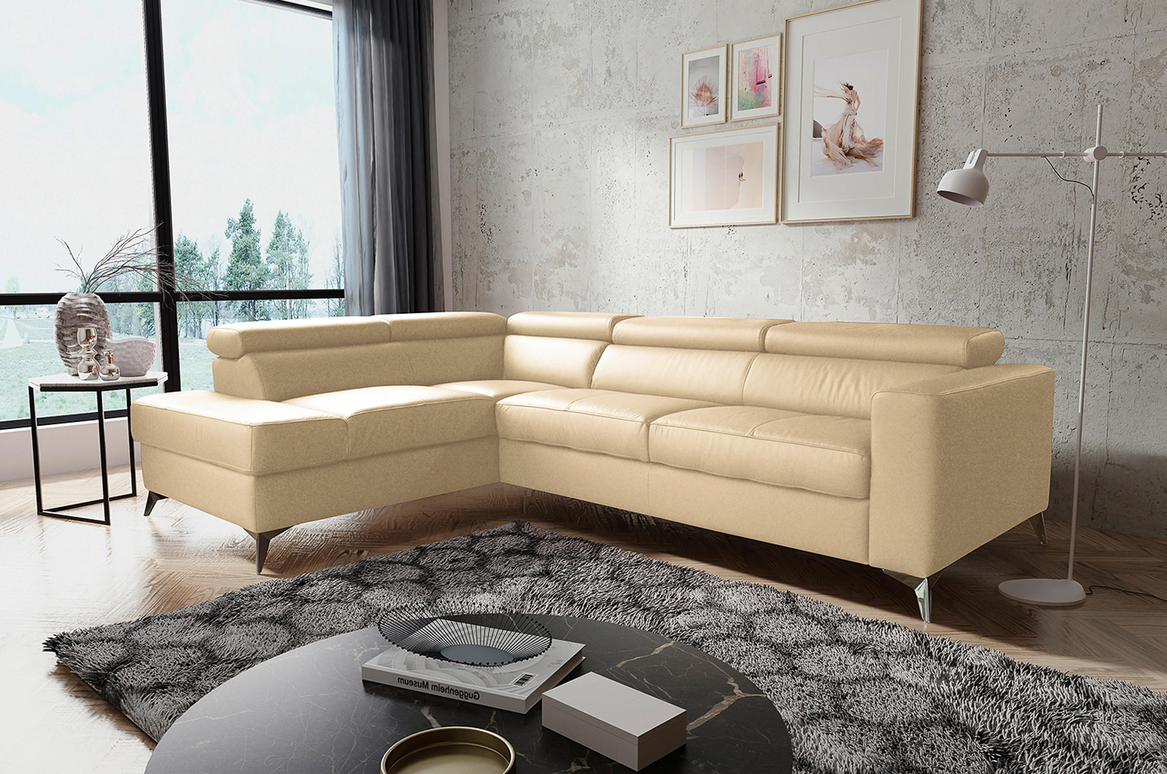 ECKSOFA in Lederlook Echtleder Beige  - Chromfarben/Beige, Design, Leder/Textil (208/286cm) - Livetastic