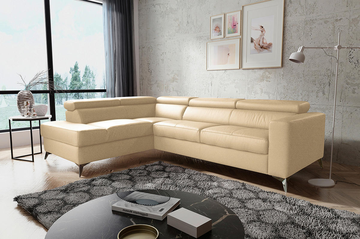 ECKSOFA MONDO Beige Echtleder Lederlook  - Chromfarben/Beige, Design, Leder/Textil (208/286cm) - Livetastic
