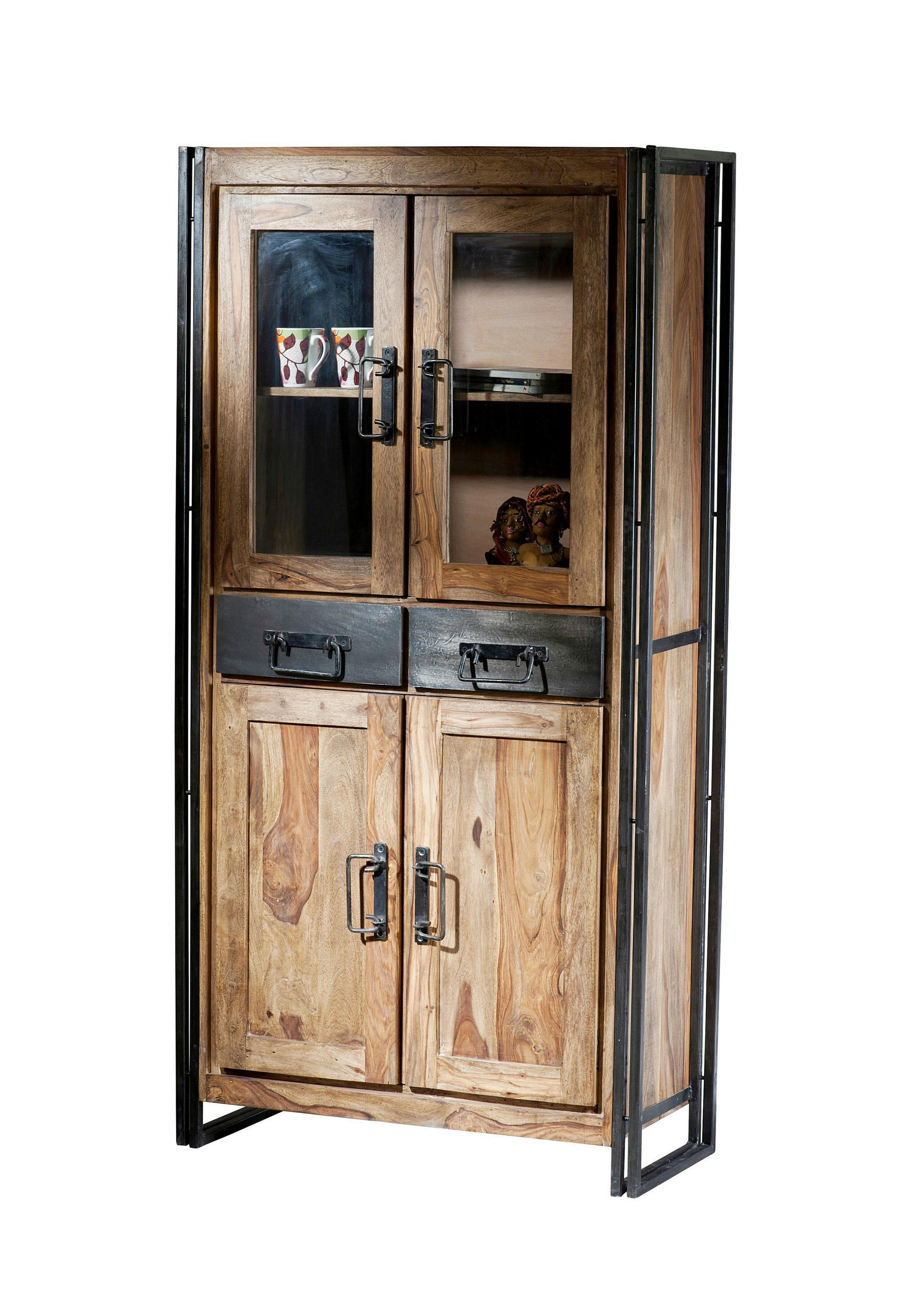 VITRINE  in massiv Akazie Naturfarben, Schwarz  - Schwarz/Naturfarben, Design, Holz/Metall (90/180/40cm) - MID.YOU