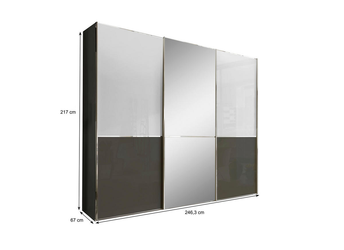 SCHWEBETÜRENSCHRANK  in Weiß, Dunkelgrau  - Chromfarben/Dunkelgrau, KONVENTIONELL, Glas/Holzwerkstoff (250/217/67cm) - Novel