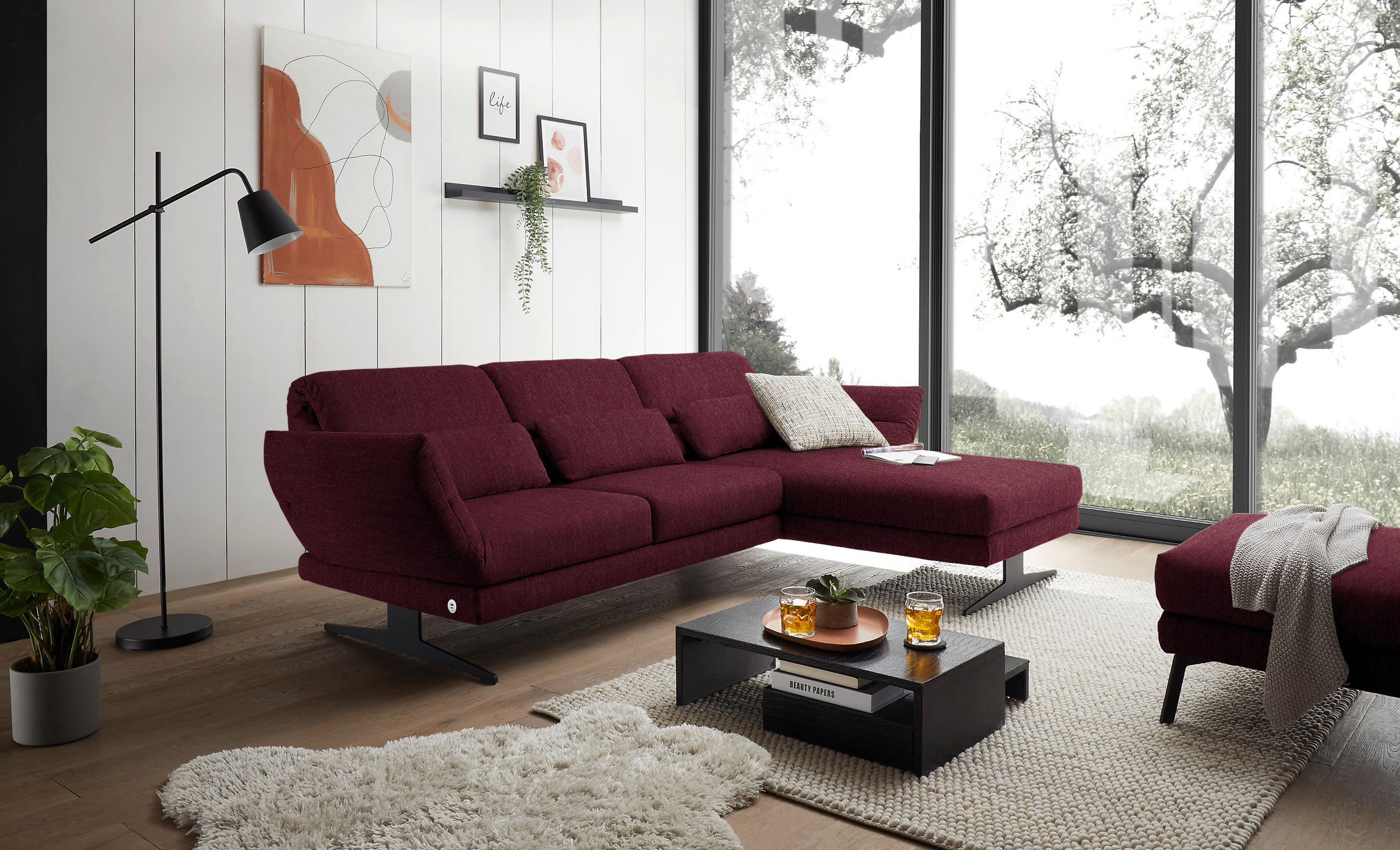 ECKSOFA in Flachgewebe Weinrot  - Weinrot/Schwarz, Design, Textil/Metall (279-327/176-217cm) - Dieter Knoll