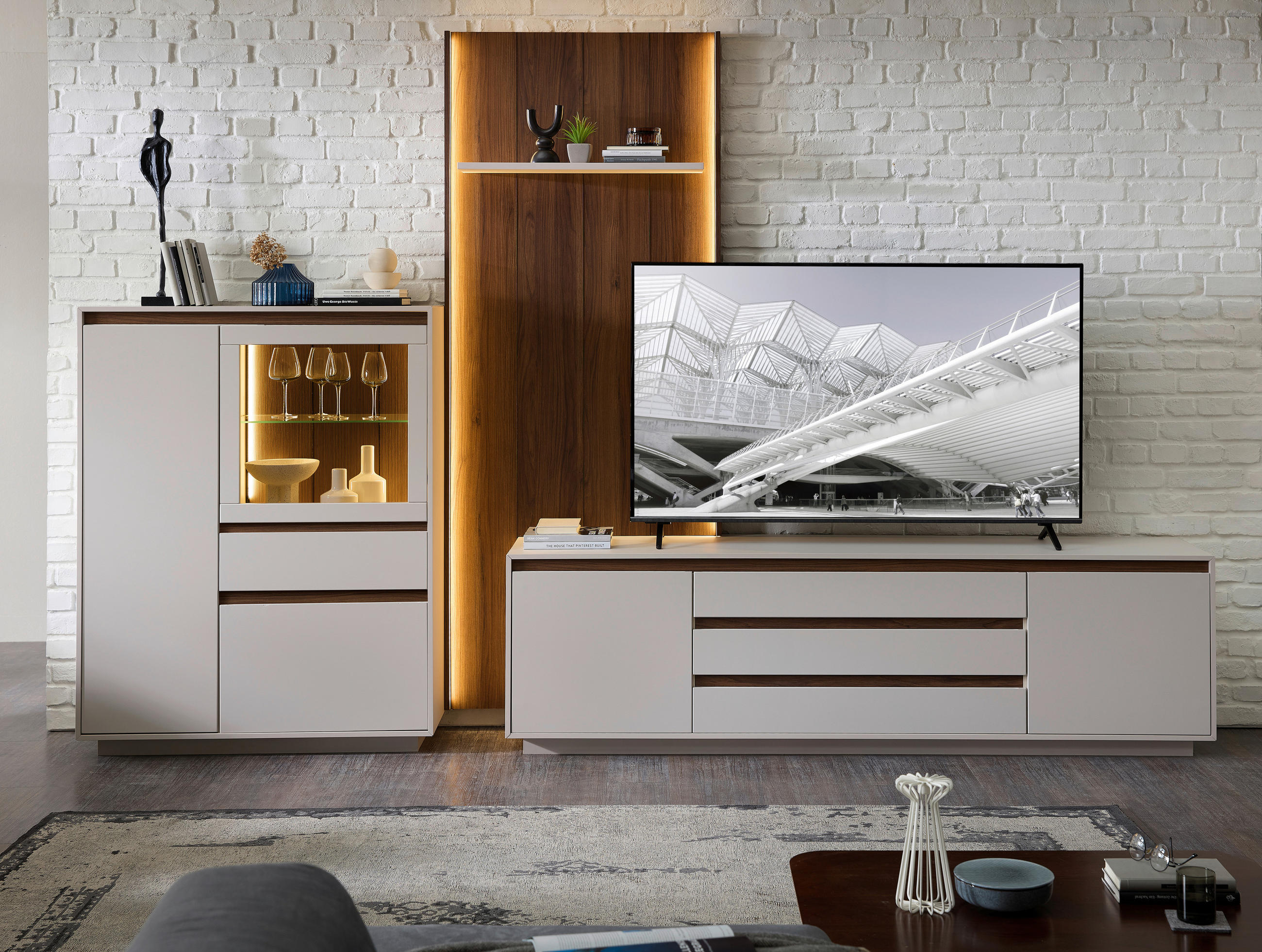 ANSAMBLU MOBILIER CAMERA DE Z in culoare lemn de nuc, cașmir  - cașmir/culoare lemn de nuc, Design, sticlă/material pe bază de lemn (354/232/45cm) - Stylife