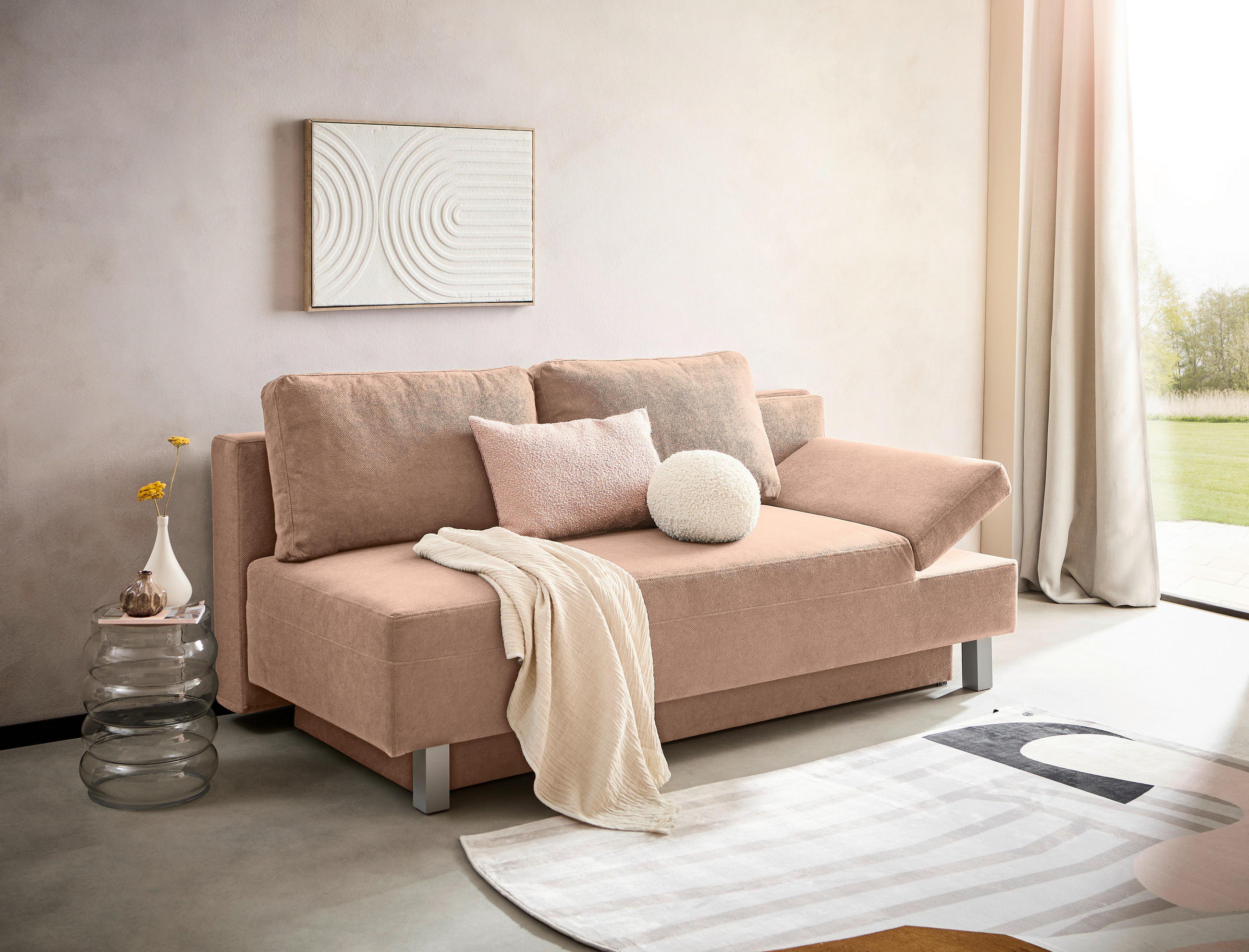 SCHLAFSOFA in Flachgewebe Altrosa  - Chromfarben/Altrosa, Design, Holz/Textil (205/77-93/99cm) - Novel