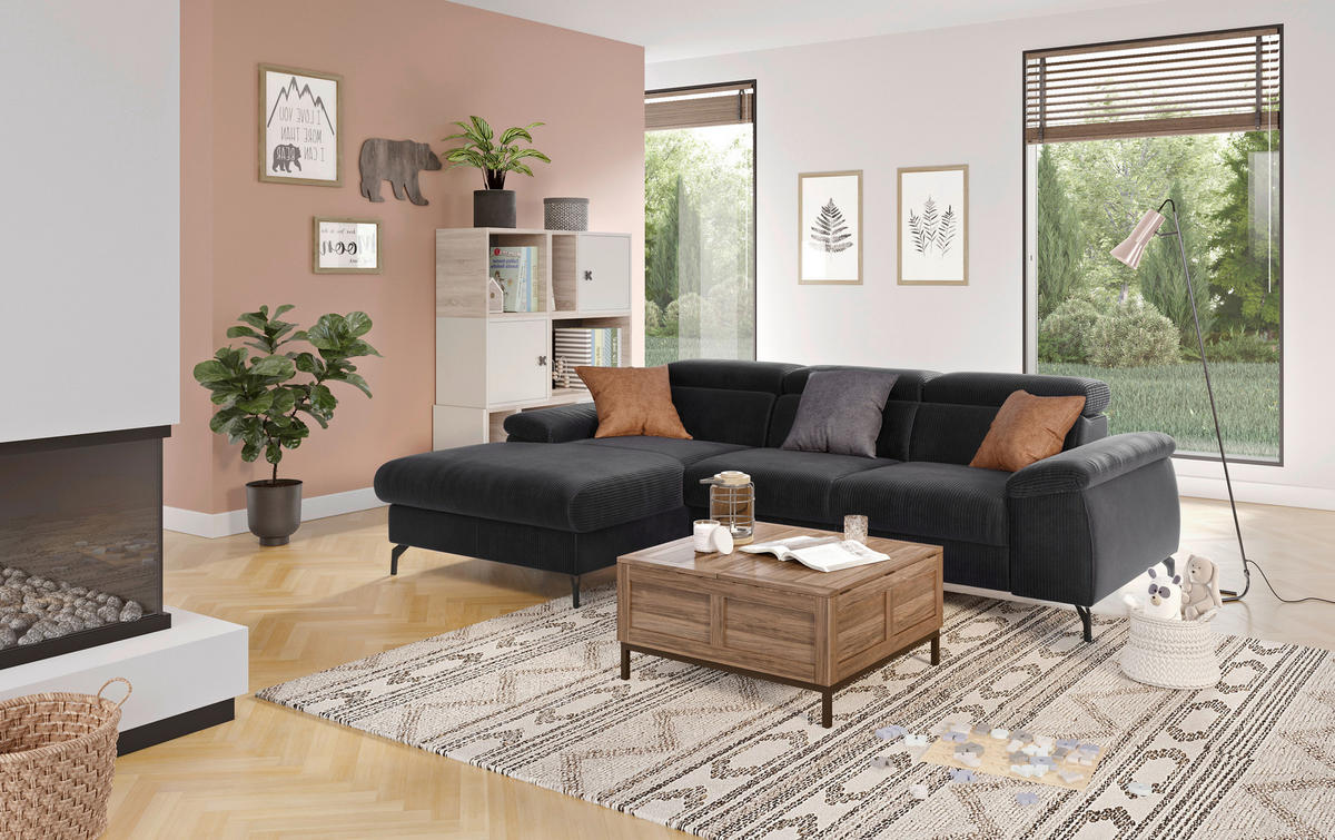 ECKSOFA in Cord Schwarz  - Schwarz, Design, Textil/Metall (166/244cm) - Livetastic
