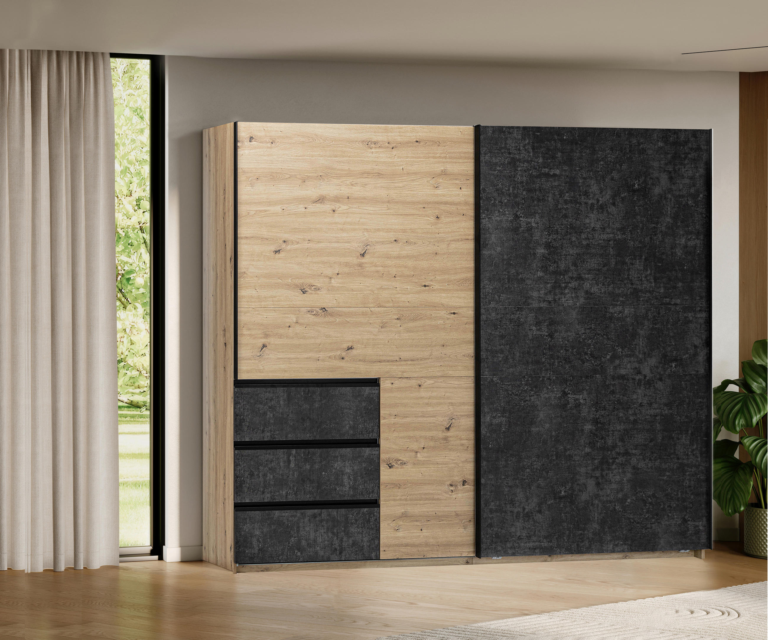 SCHIEBETÜRENSCHRANK 250/205/61,5 cm 2-türig Taupe, Eiche Artisan  - Taupe/Schwarz, MODERN, Holzwerkstoff/Metall (250/205/61,5cm) - MID.YOU