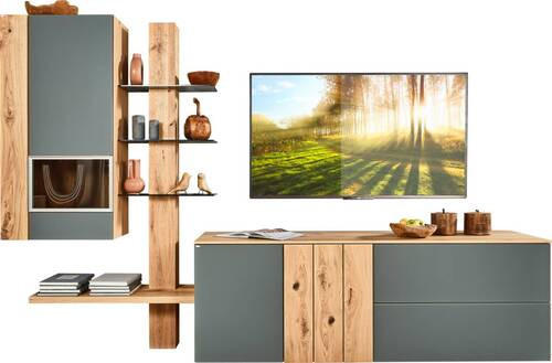 WOHNWAND  in Grau, Eichefarben  304/196/55,4 cm  - Eichefarben/Grau, Design, Glas/Holz (304/196/55,4cm) - Voglauer