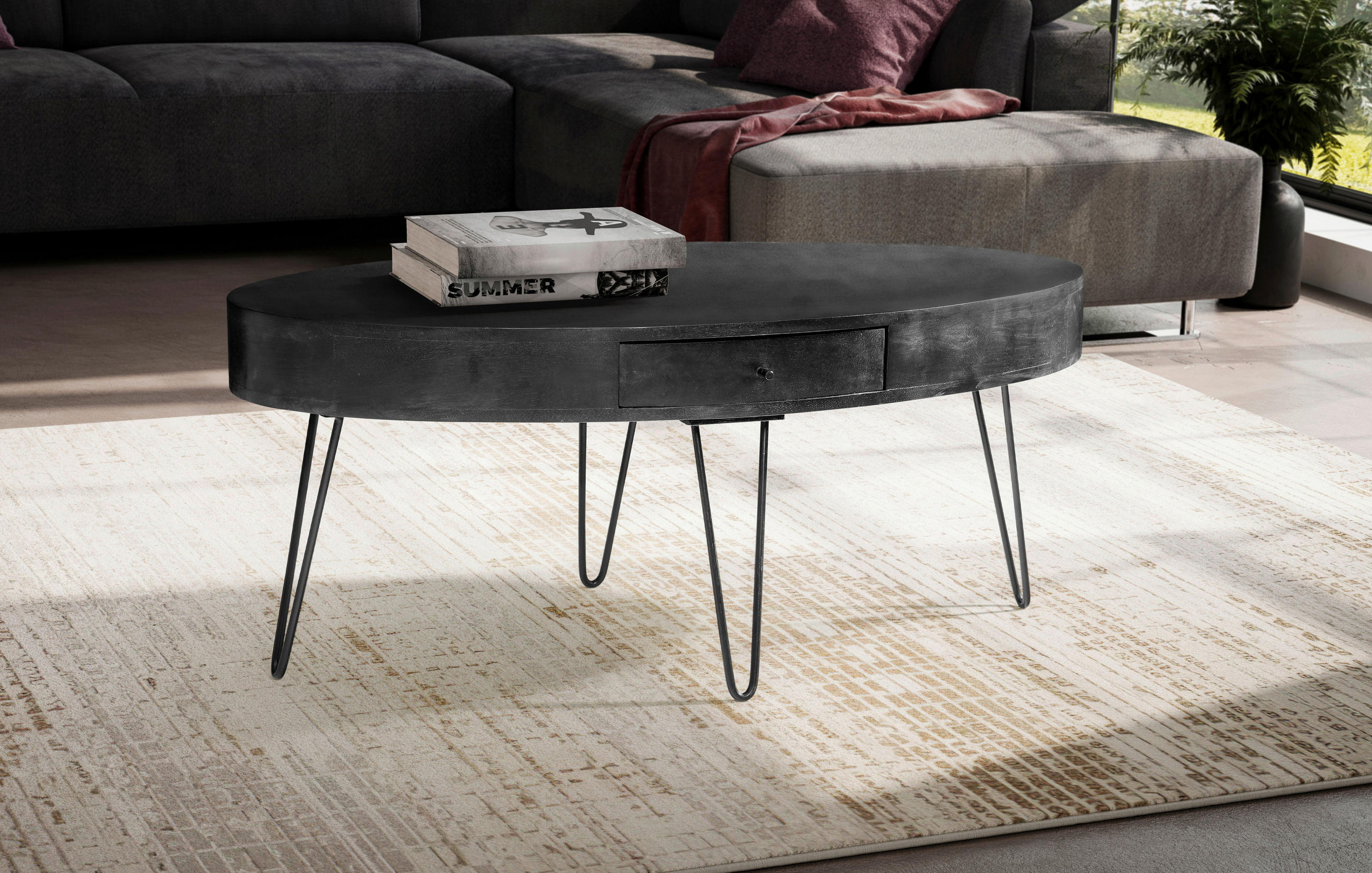 COUCHTISCH Mangoholz massiv 100/50/40 cm oval Schwarz  - Schwarz, Design, Holz/Metall (100/50/40cm) - MID.YOU
