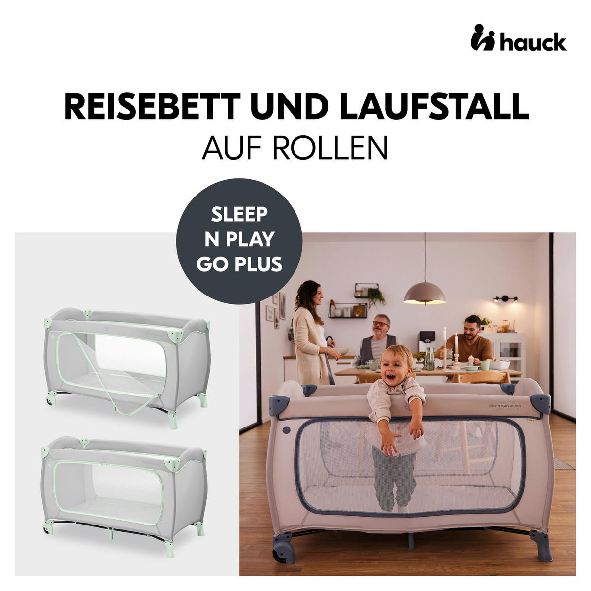 REISEBETT Sleep N Play Go Plus Mintgrün, Greige  - Greige/Mintgrün, Basics, Kunststoff/Textil (69/82/125cm) - Hauck