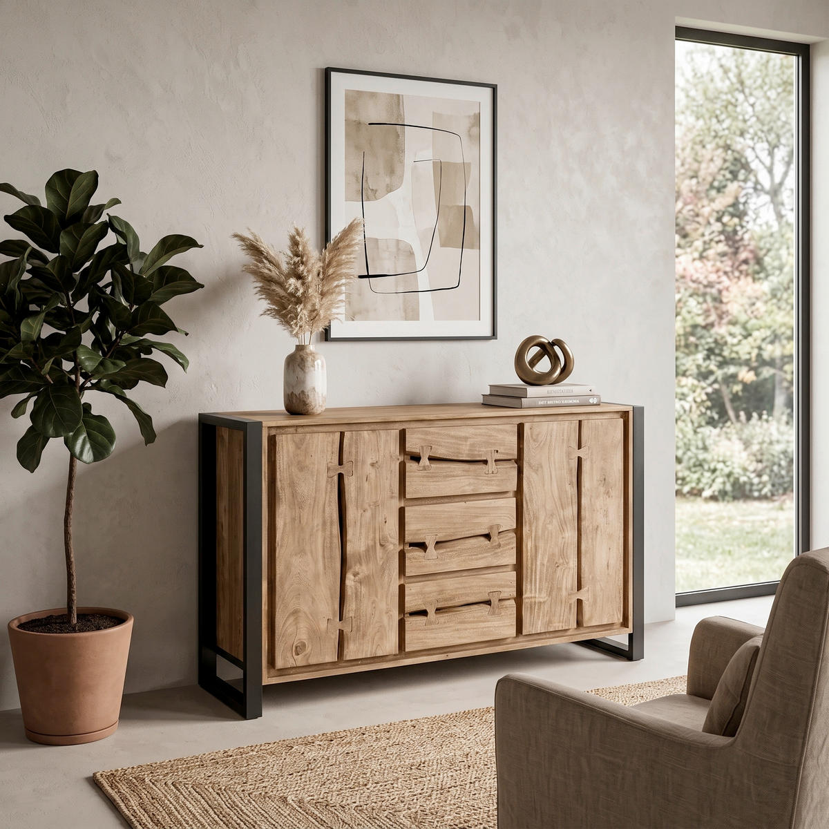 SIDEBOARD  140/90/40 cm 3 Schublade(n)  - Schwarz/Naturfarben, Design, Holz/Metall (140/90/40cm) - MID.YOU