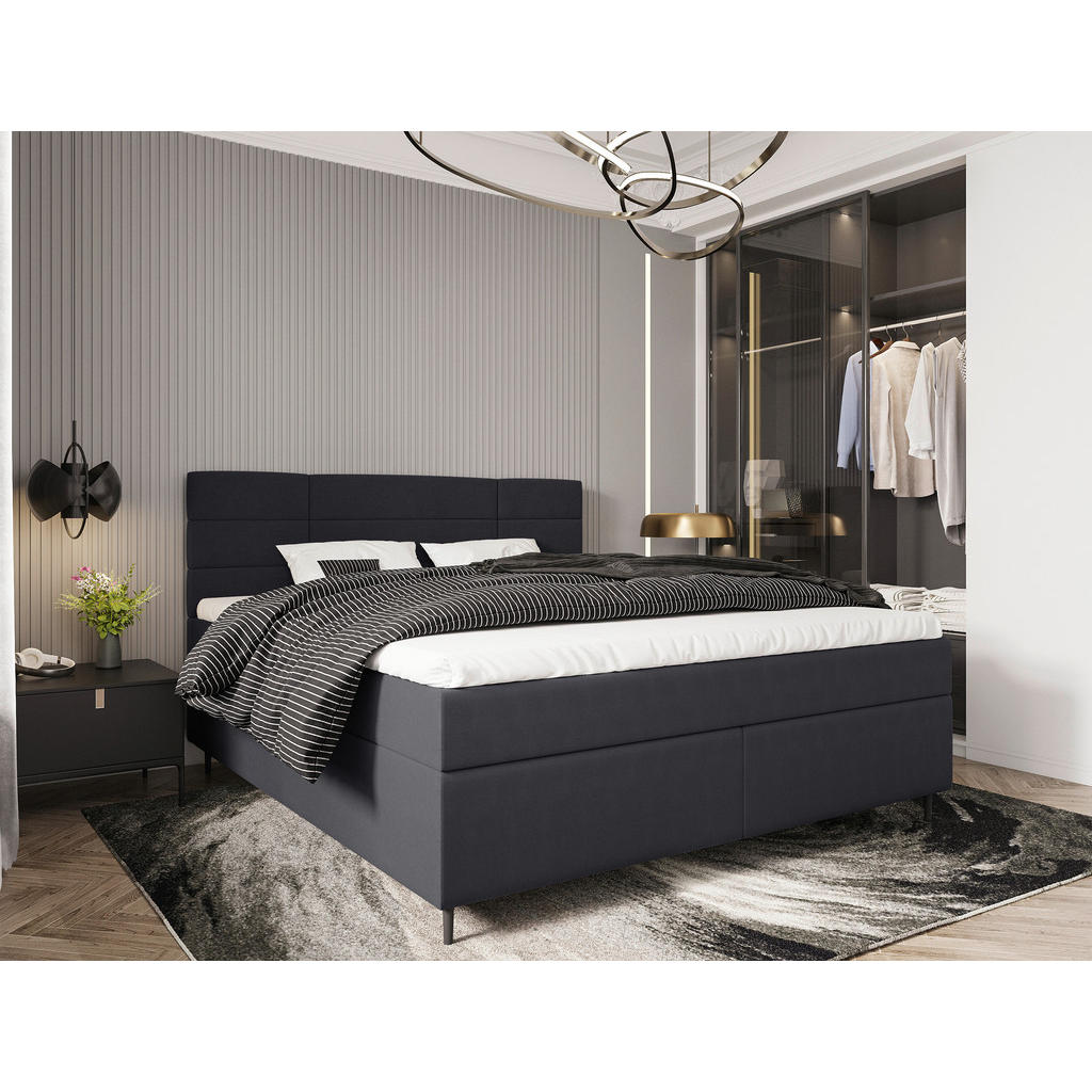 Thumbnail - Boxxx Boxbett, Dunkelgrau, Textil, Birke,Buche, massiv, H2, Höhe ca. 19 cm, 180x200 cm, gepolstertes Kopfteil, Topper du...