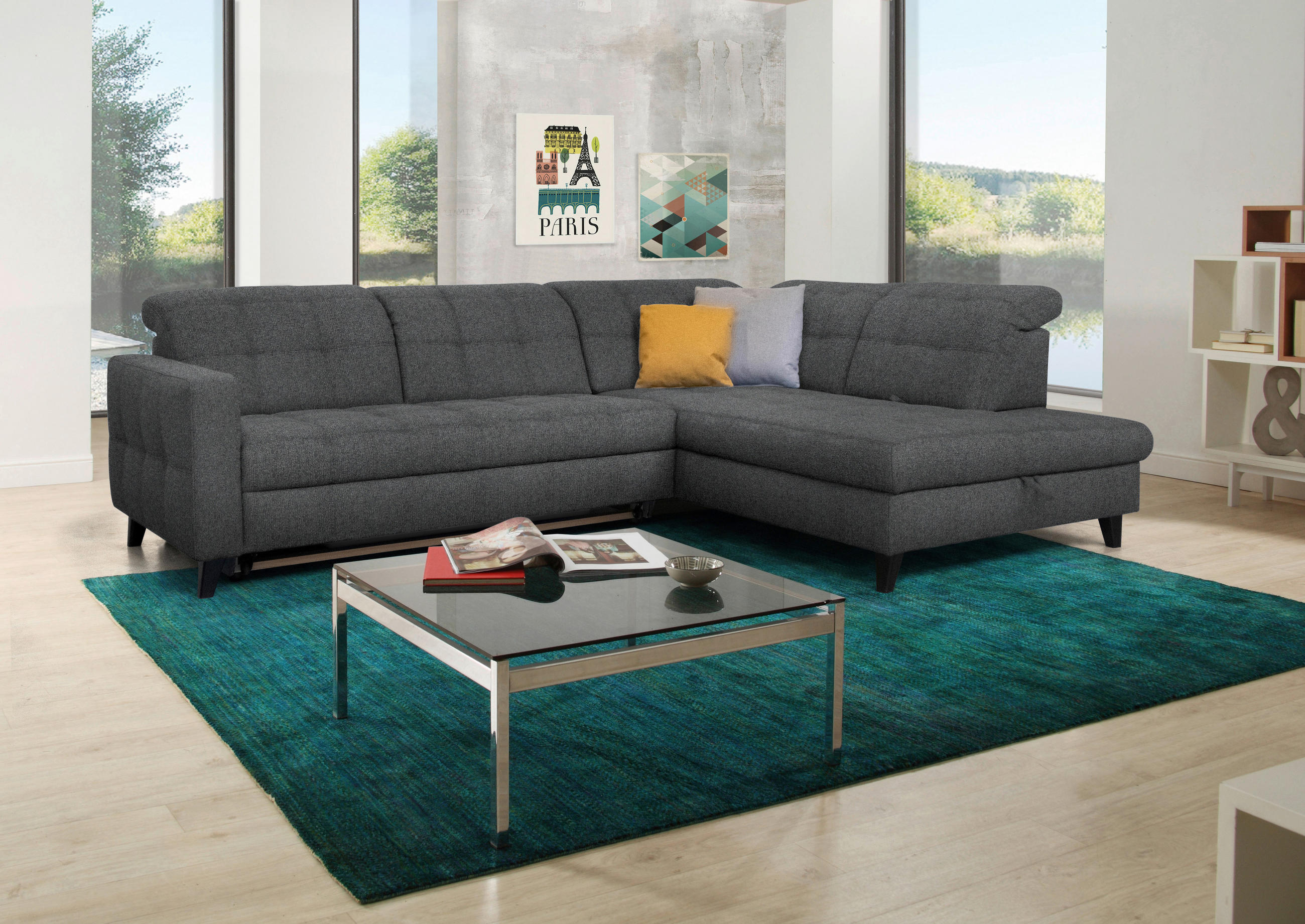 ECKSOFA in Webstoff Dunkelgrau  297/216 cm  - Dunkelgrau/Schwarz, Design, Holz/Textil (297/216cm) - Xora