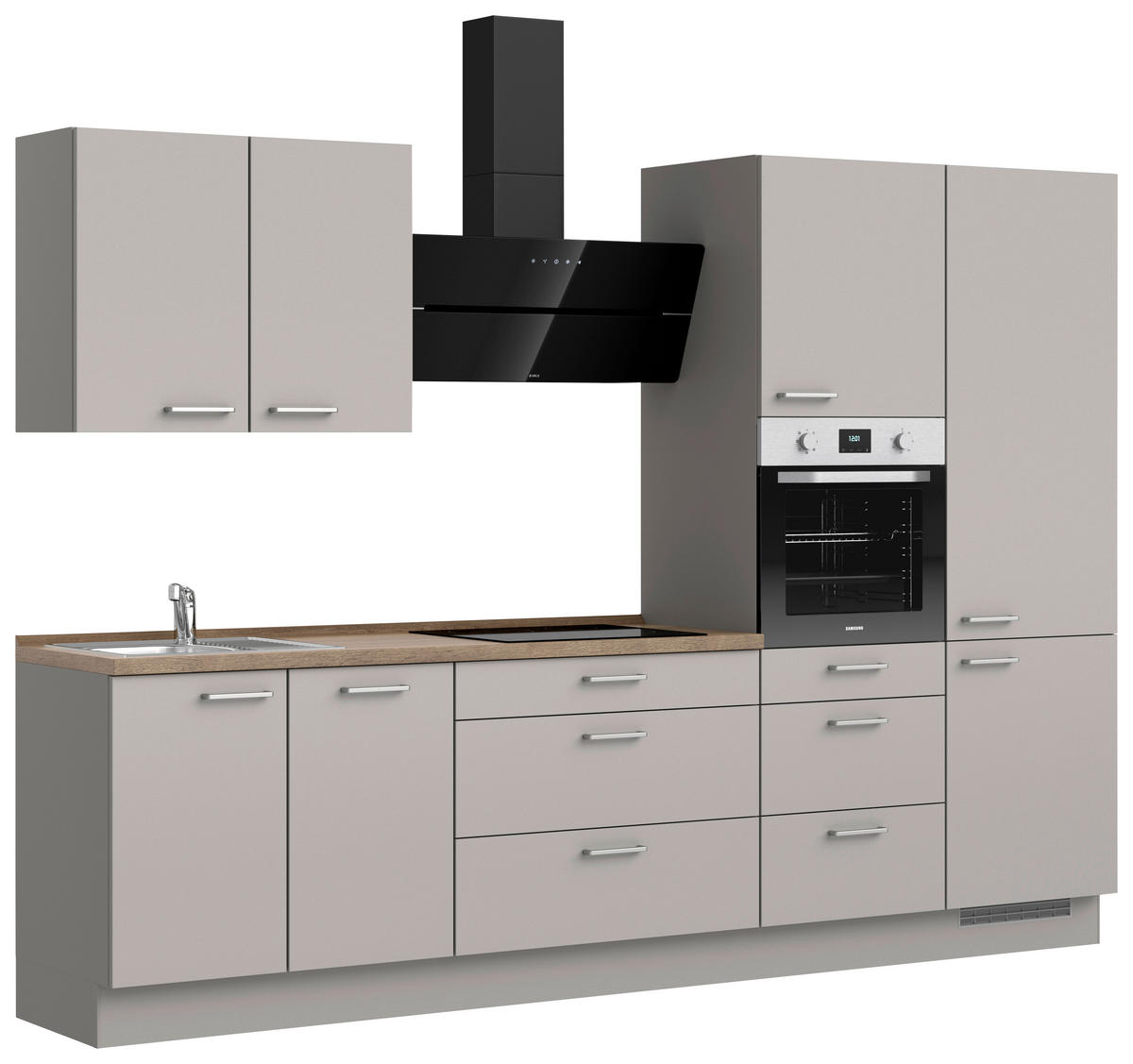 KÜCHENBLOCK 300 cm   in Grau, Eiche dunkel  - Eiche dunkel/Edelstahlfarben, MODERN, Holzwerkstoff/Metall (300cm) - Nobilia