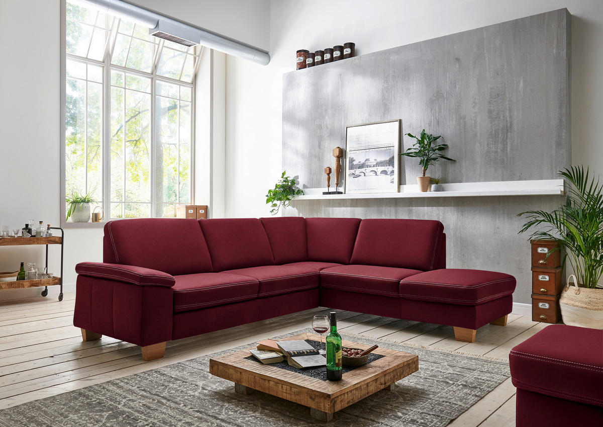ECKSOFA Echtleder Bordeaux  - Eichefarben/Bordeaux, Konventionell, Leder/Holzwerkstoff (274/235cm) - Beldomo Premium