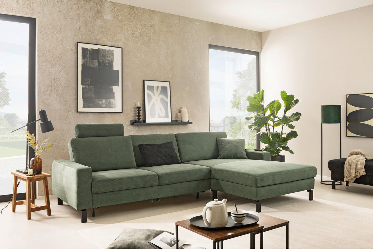 ECKSOFA in Cord Olivgrün  - Schwarz/Olivgrün, Design, Textil/Metall (298/185cm) - Pure Home Lifestyle