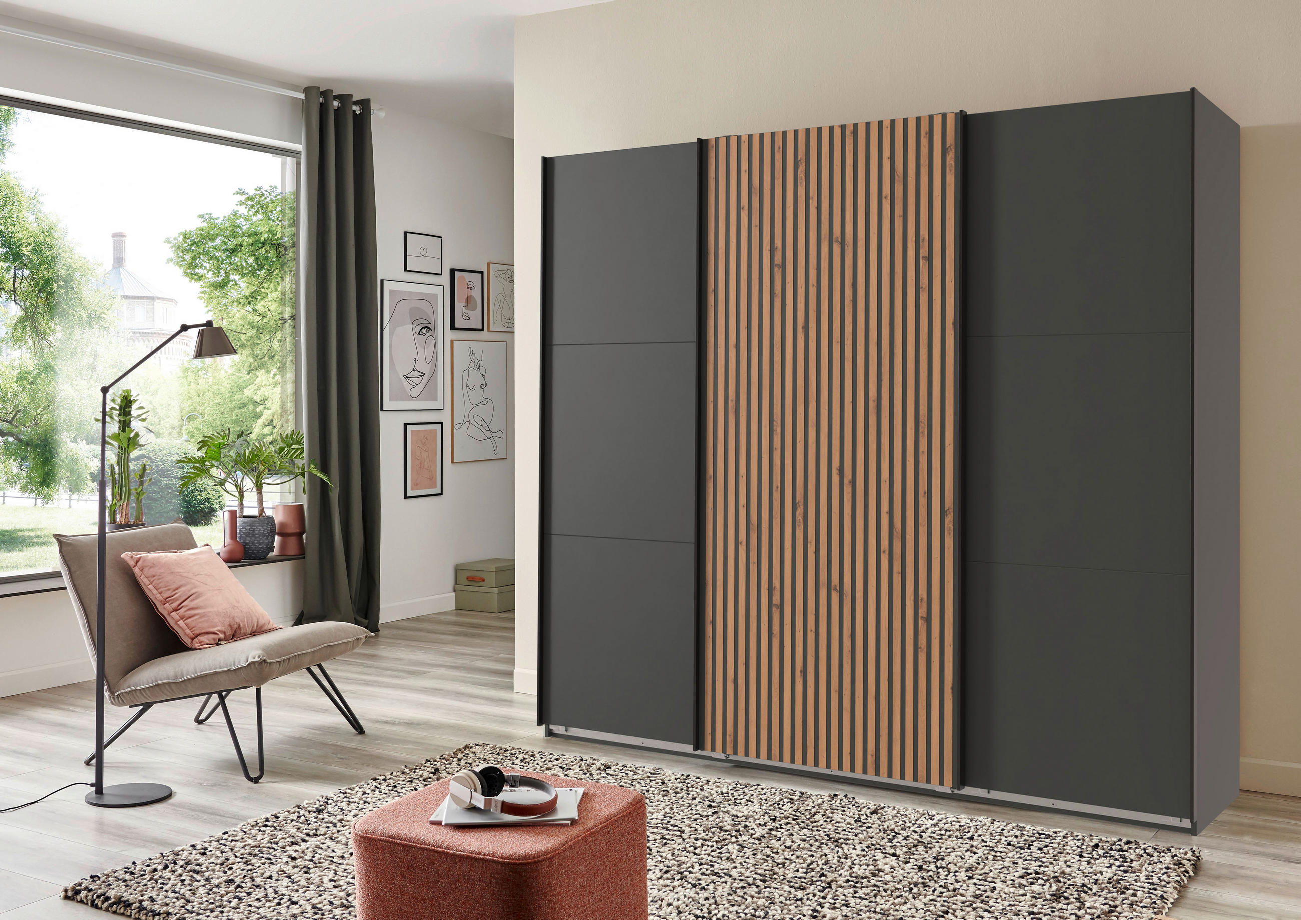 SCHWEBETÜRENSCHRANK in Graphitfarben, Eichefarben  - Eichefarben/Graphitfarben, Modern, Holzwerkstoff (250/216/65cm) - MID.YOU