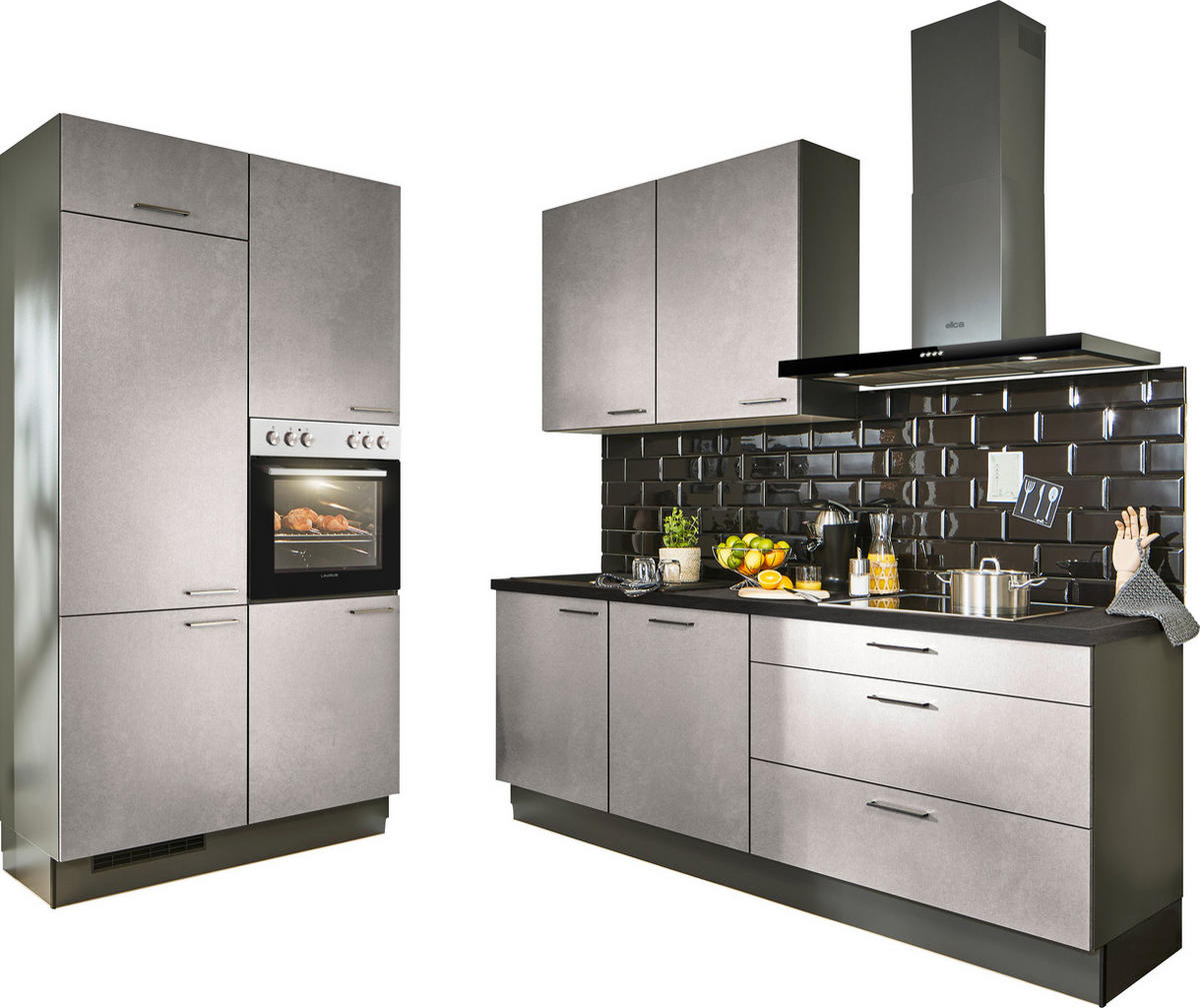 ECKKÜCHE 120/220 cm  in Graphitfarben, Schwarz, Grau  - Hellgrau/Schwarz, Design, Holzwerkstoff/Metall (120/220cm) - Xora