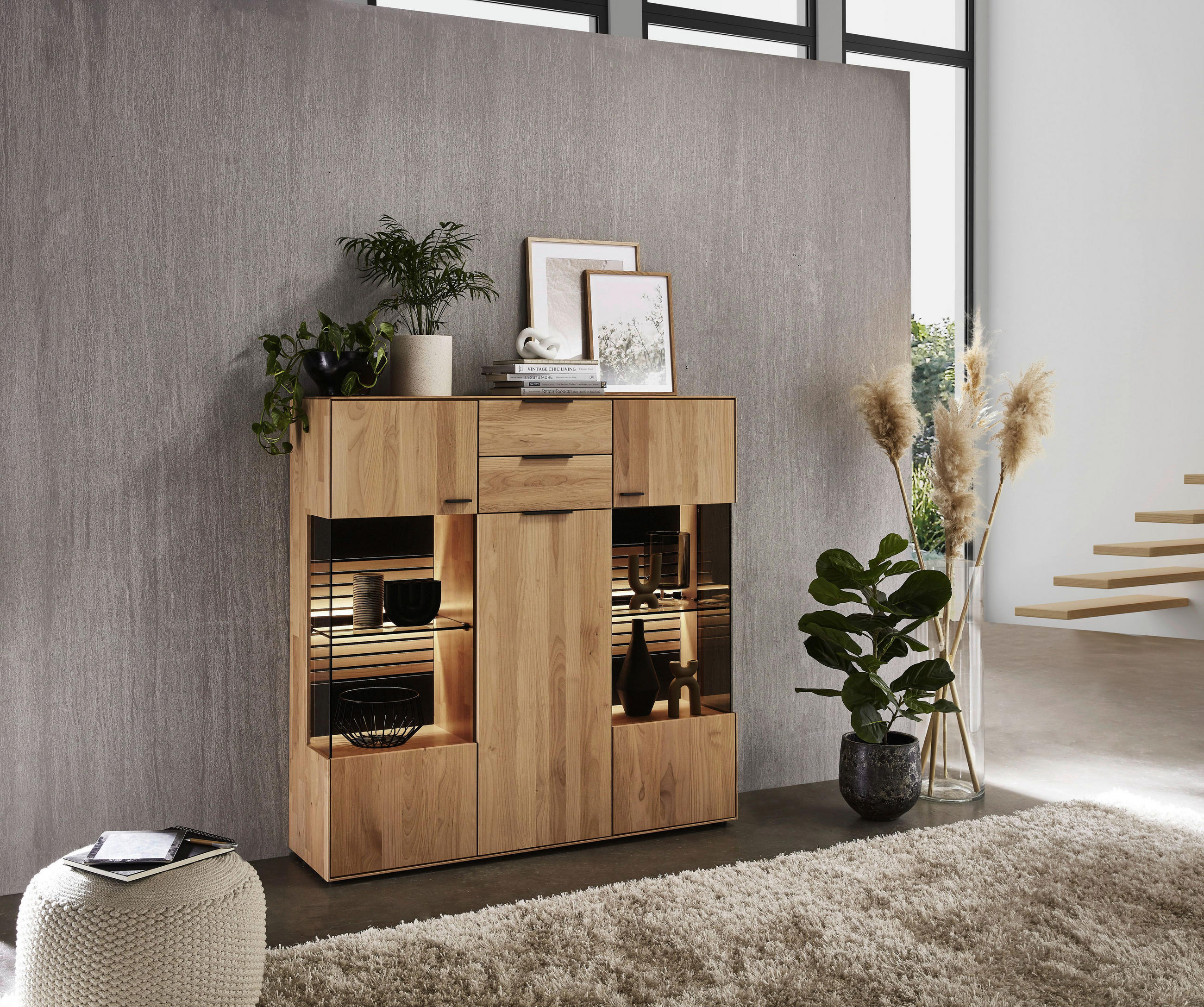 HIGHBOARD Erlefarben  136,9/138,3/37,1 cm  - Dunkelgrau/Erlefarben, Natur, Glas/Holz (136,9/138,3/37,1cm) - Valdera