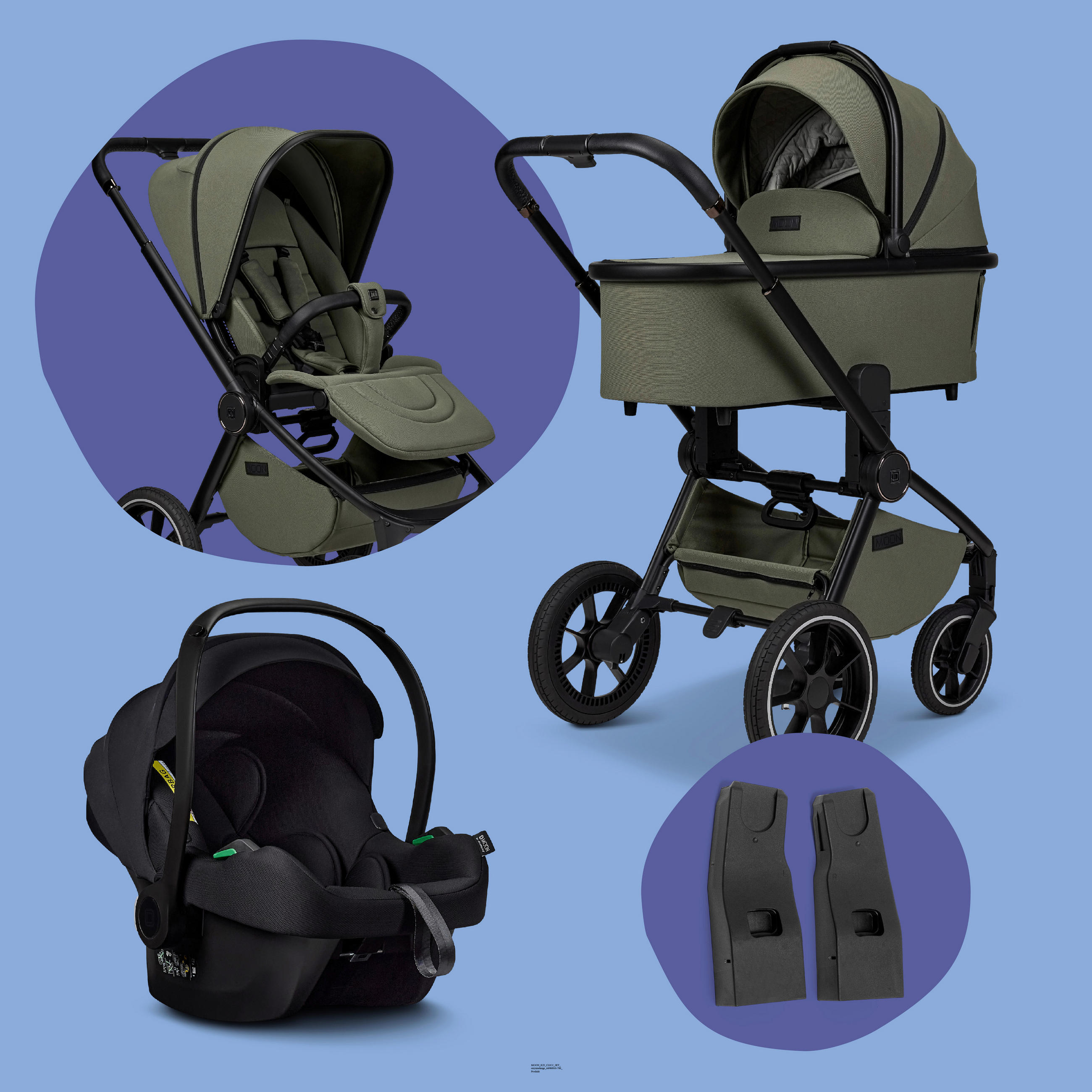 KINDERWAGENSET  Resea+ Set  Moss  - Schwarz/Olivgrün, Basics, Textil (98,5/58/122cm) - Moon