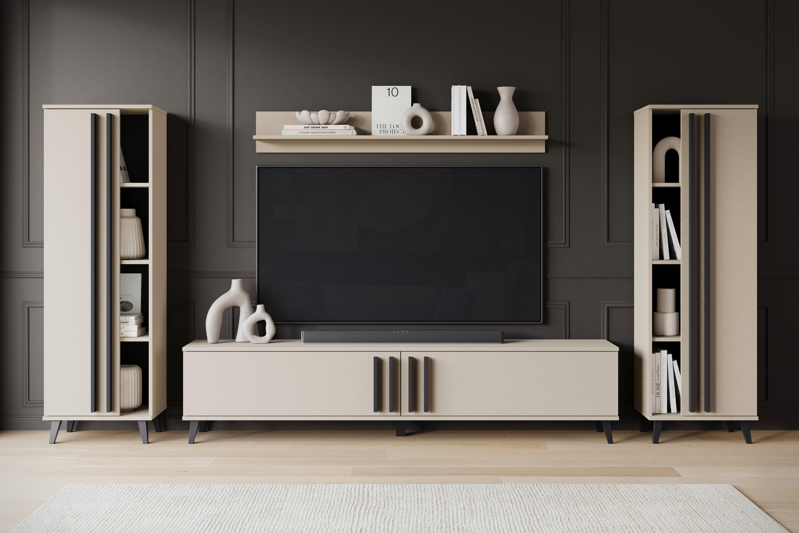 WOHNWAND 4-teilig  in Beige  270/140/33 cm  - Beige/Schwarz, Trend, Holzwerkstoff/Kunststoff (270/140/33cm)