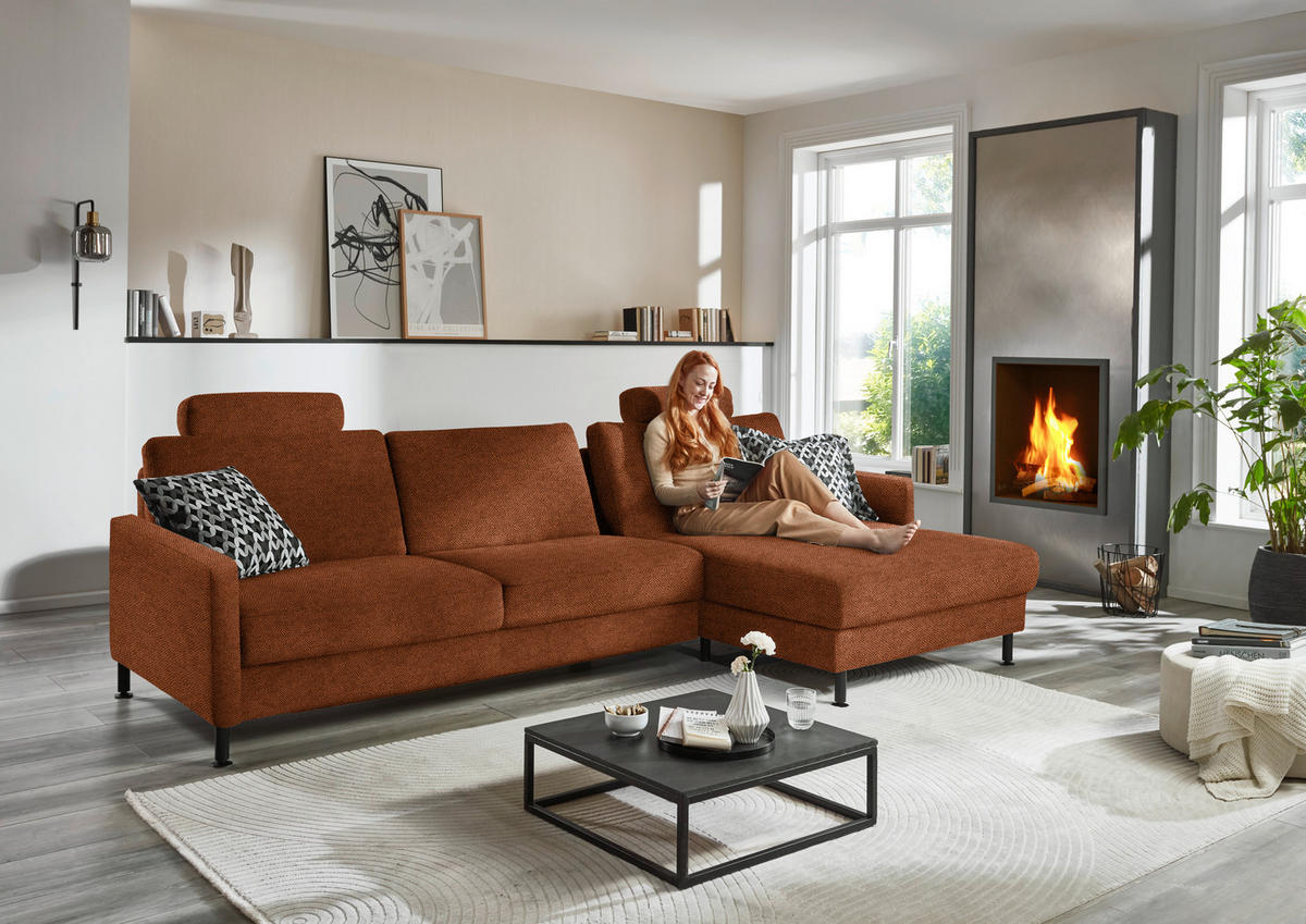 ECKSOFA Chenille, Flachgewebe Rostfarben  - Rostfarben/Schwarz, Design, Textil/Metall (316/175cm) - Dieter Knoll