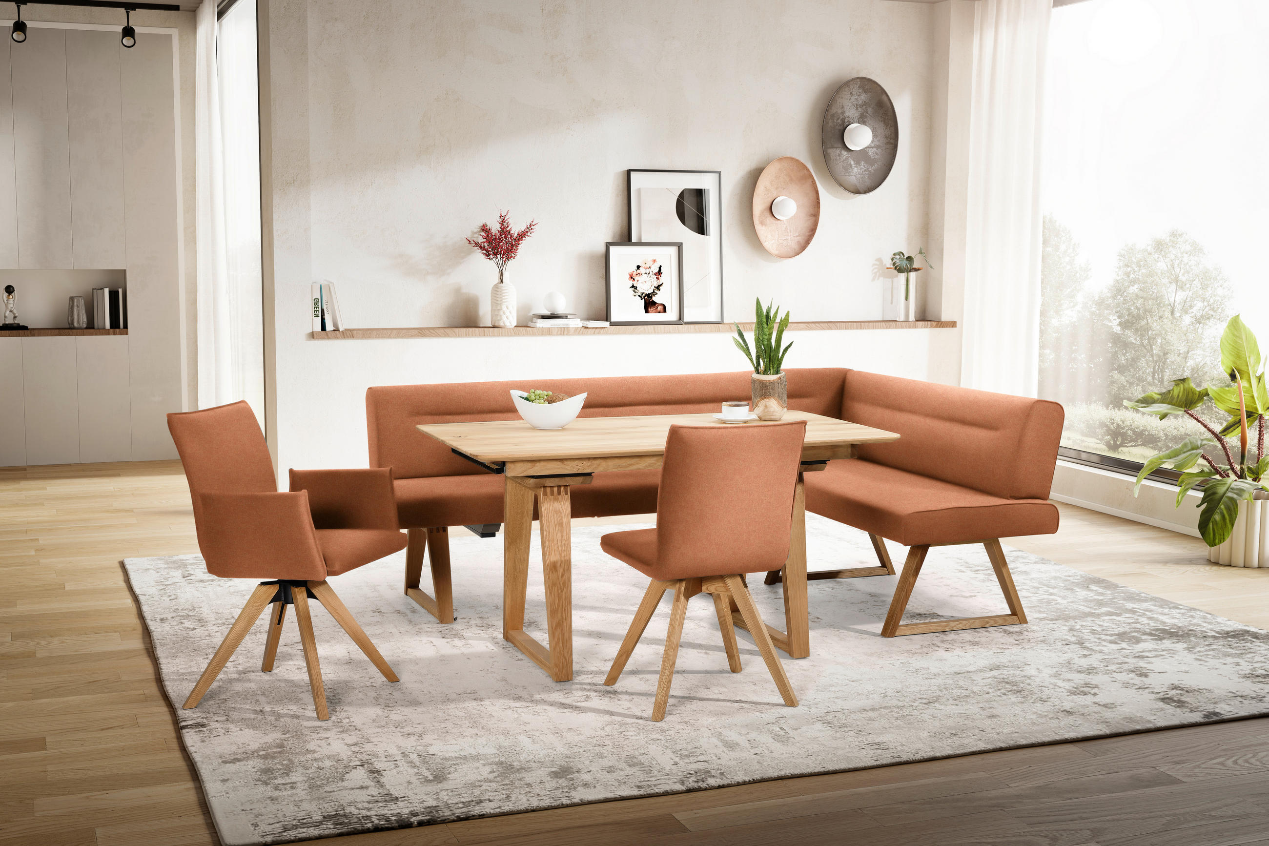 Thumbnail - Moderano Eckbank, Eiche, Cognac, Holz, Textil, Wildeiche, massiv, 5-Sitzer, L-Form, 230x170 cm, Fußauswahl, Stoffauswahl...