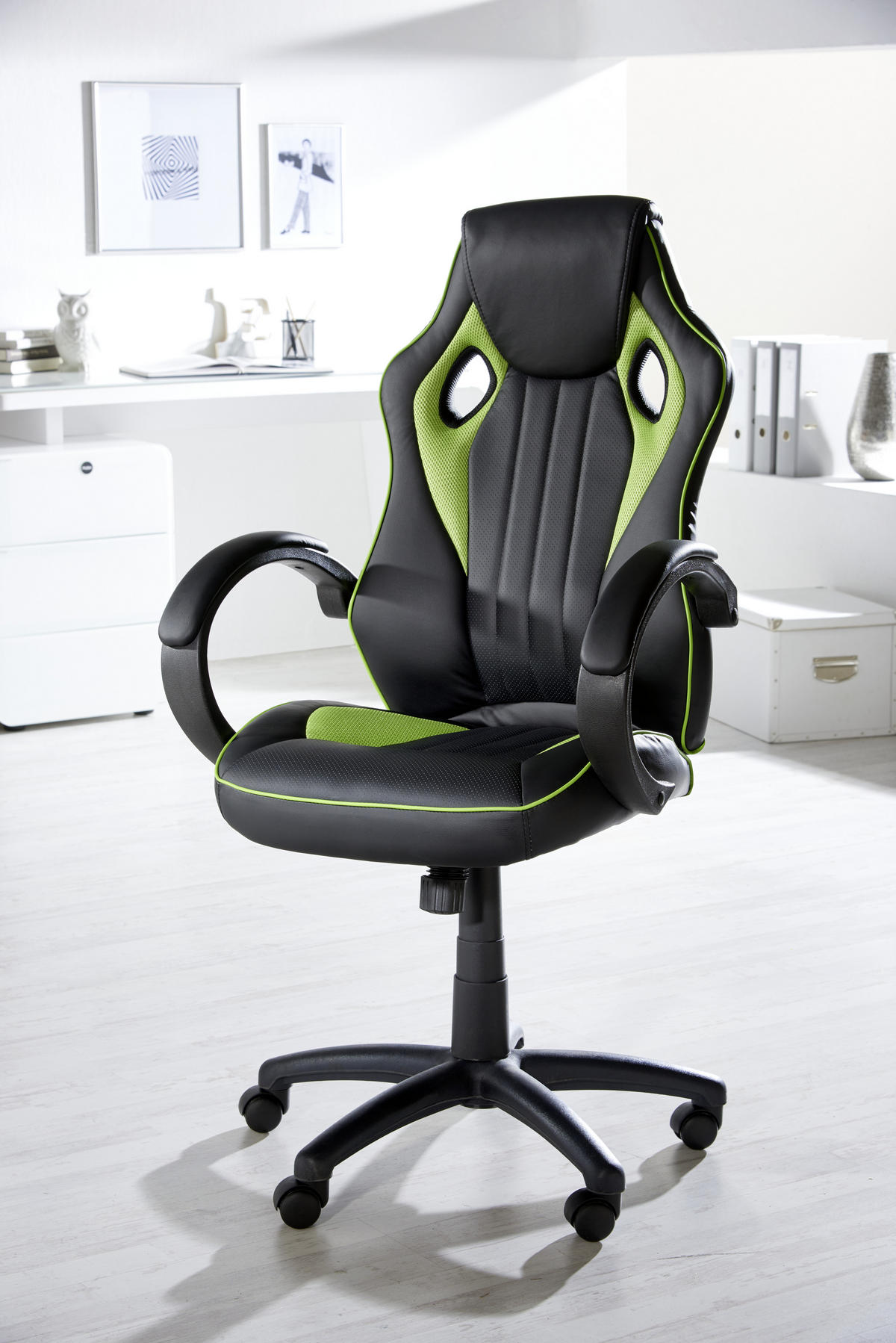 GAMINGSTUHL  in Lederlook, Netzbespannung Grün, Schwarz  - Schwarz/Grün, Design, Kunststoff/Textil (61,5/111-121/66cm) - Carryhome