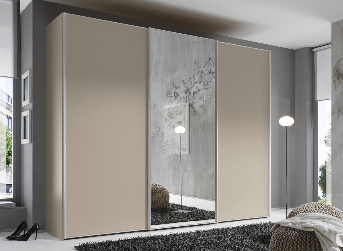 SCHWEBETÜRENSCHRANK in Sandfarben  - Sandfarben/Alufarben, Design, Glas/Holzwerkstoff (280/222/68cm) - Moderano