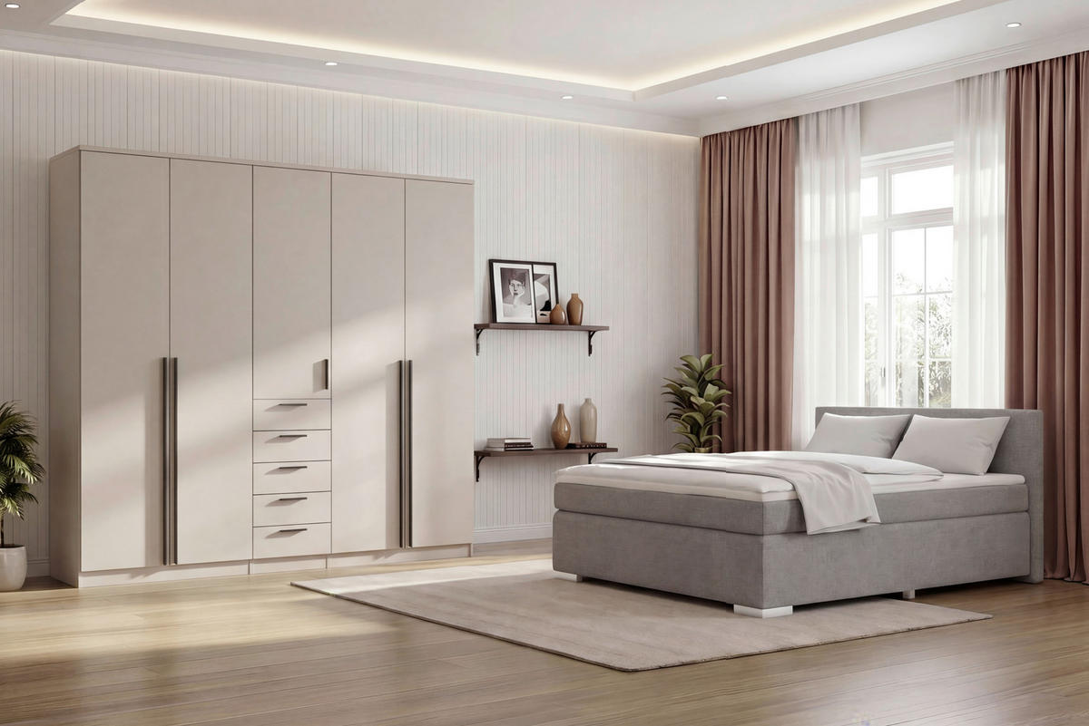 KLEIDERSCHRANK 225/210/52 cm,  in Kaschmir, 5 Tür(en)  - Kaschmir/Schwarz, KONVENTIONELL, Holzwerkstoff/Kunststoff (225/210/52cm) - Livetastic