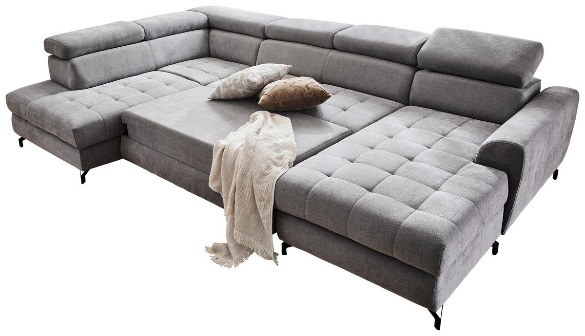 WOHNLANDSCHAFT Hellgrau Struktur  - Hellgrau/Schwarz, Design, Textil/Metall (203/327/177cm) - Stylife