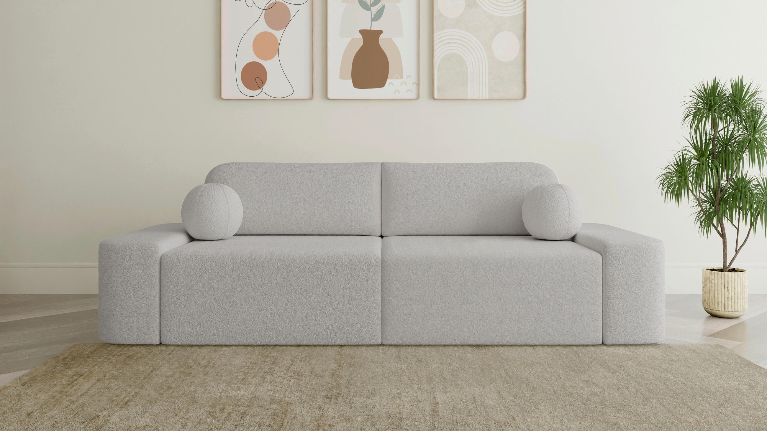 ECKSOFA OVAL Hellgrau Bouclé Rückenkissen, Schlaffunktion, Rücken echt, Stauraum  - Hellgrau/Schwarz, Design, Kunststoff/Textil (268/110cm) - MID.YOU